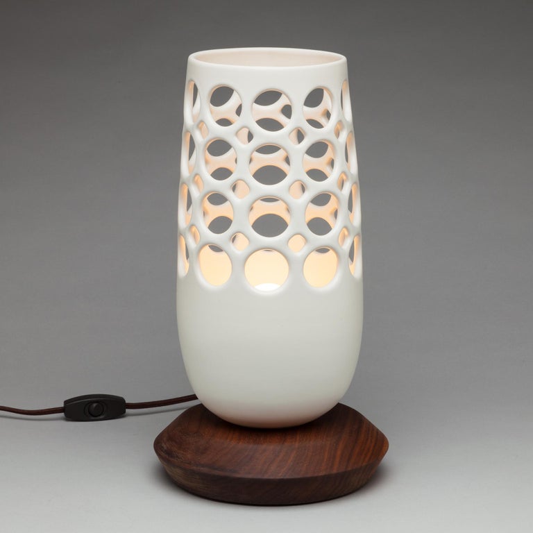 White Pierced Ceramic Table Lamp with Walnut Base at 1stDibs