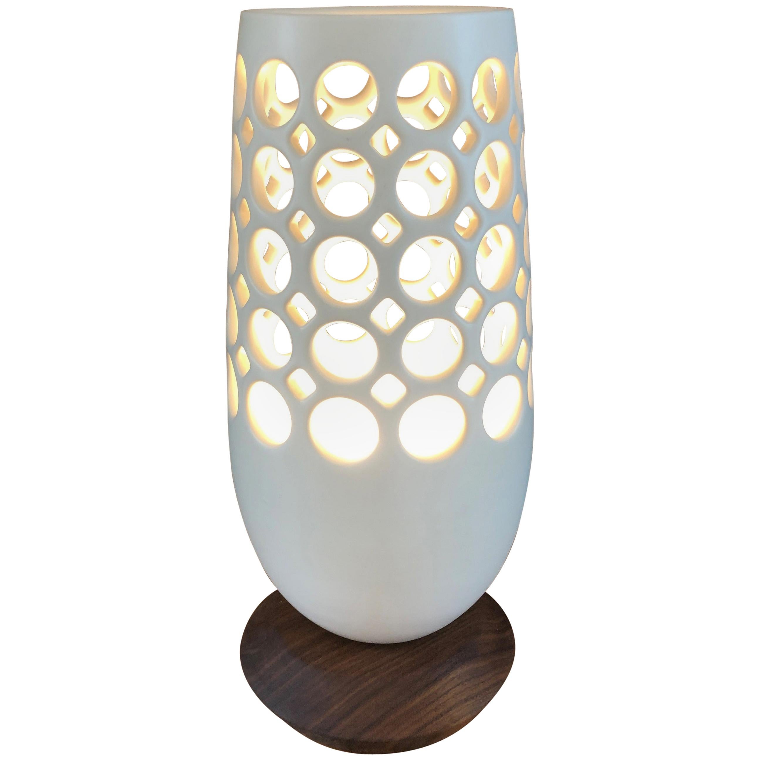 White Pierced Ceramic Table Lamp with Walnut Base