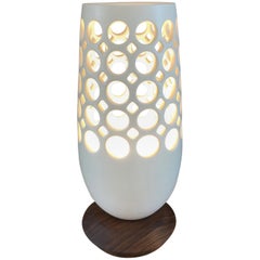 White Pierced Ceramic Table Lamp with Walnut Base