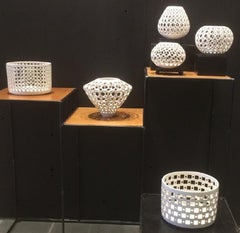 White Ceramic Square Pierced Cylindrical Bowl or Vessel, In Stock