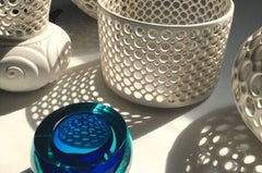 White Ceramic Circular Pierced Cylindrical Bowl or Vessel, In Stock