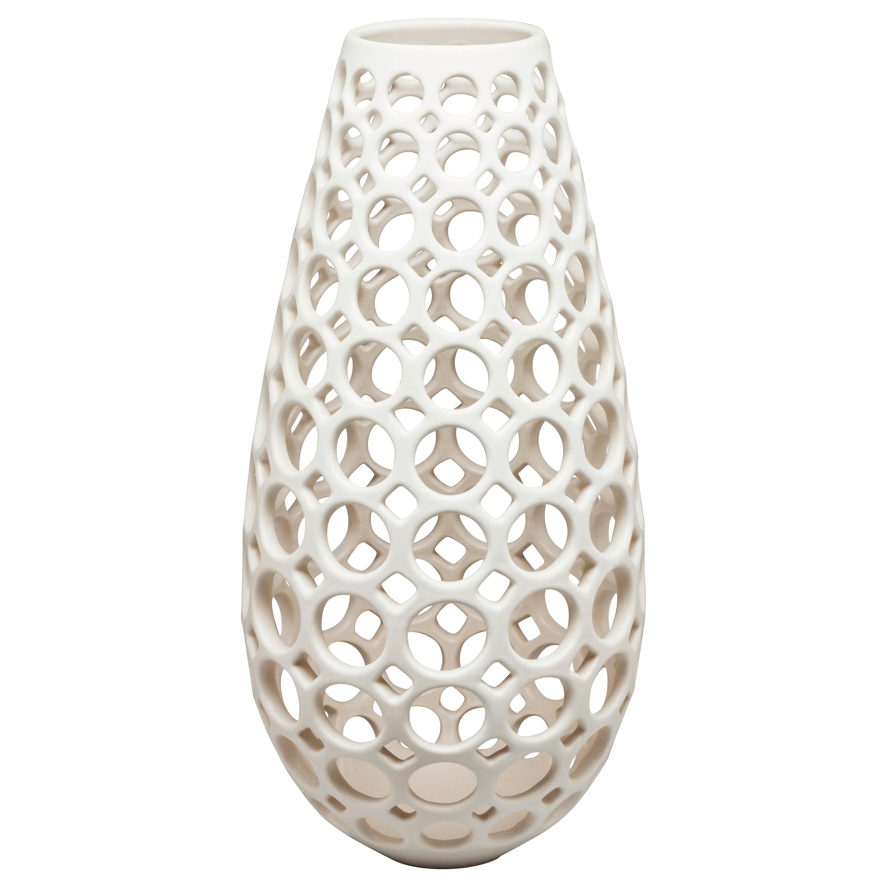 White Pierced Elongated Teardrop Shaped Tabletop Sculpture/ Candleholder