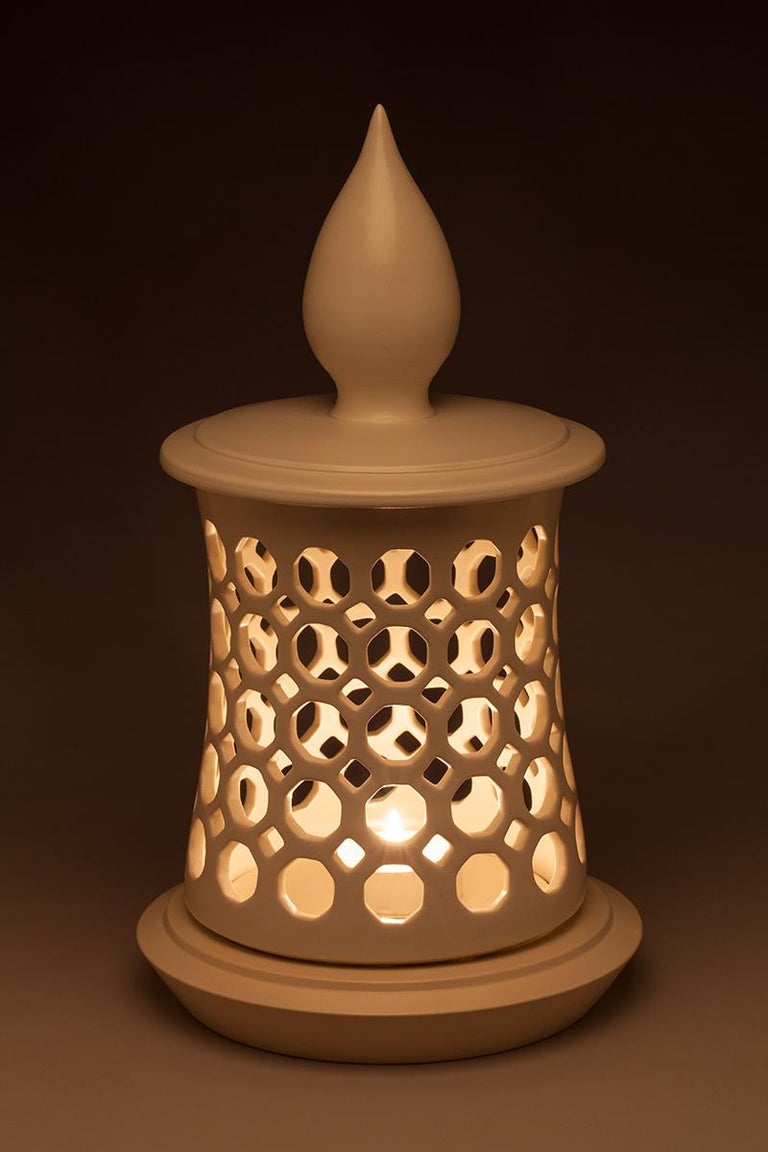 White Pierced Minaret Top Ceramic Candle Lantern For Sale at 1stDibs