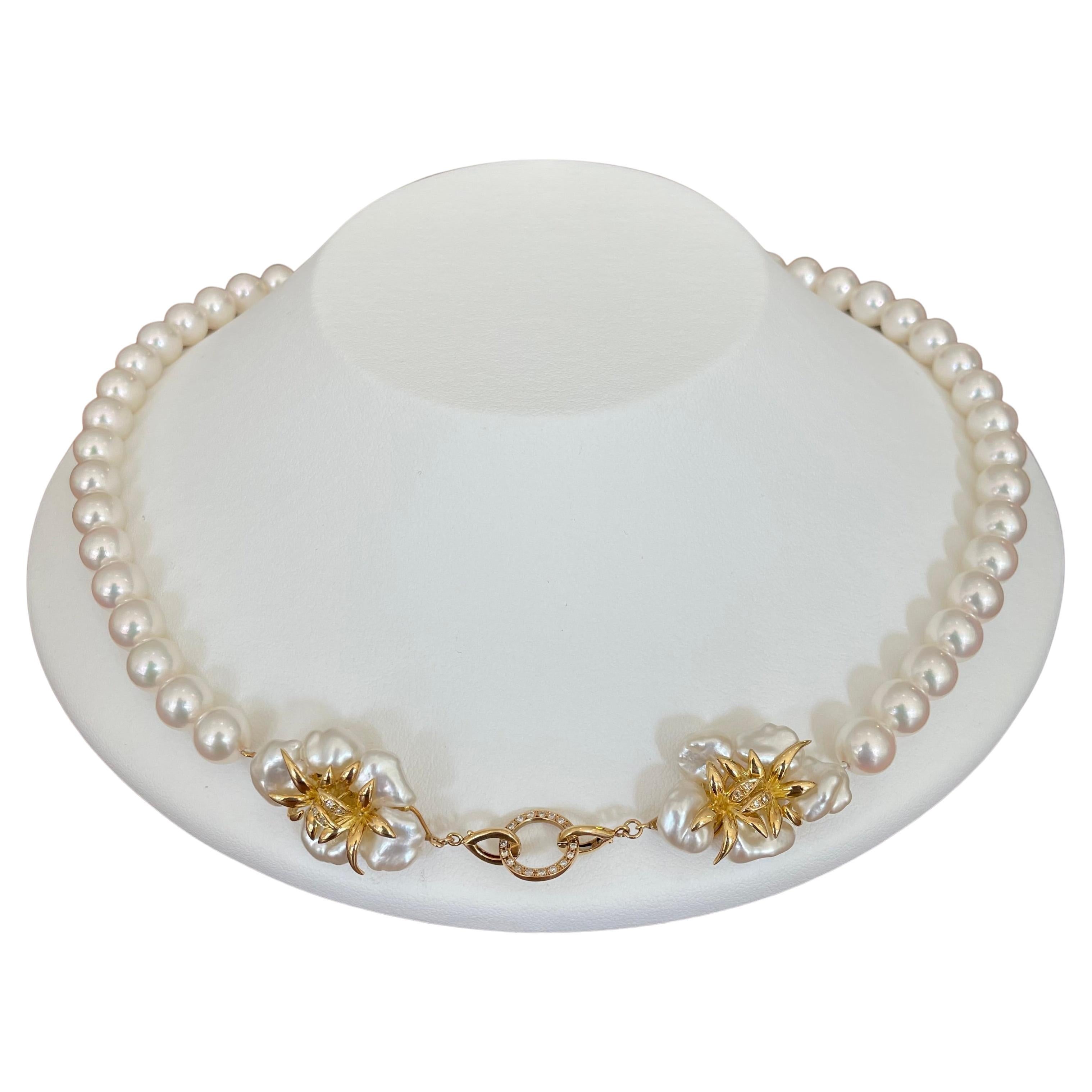 White Pink Akoya Keshi Pearl Gold Necklace (N118) For Sale