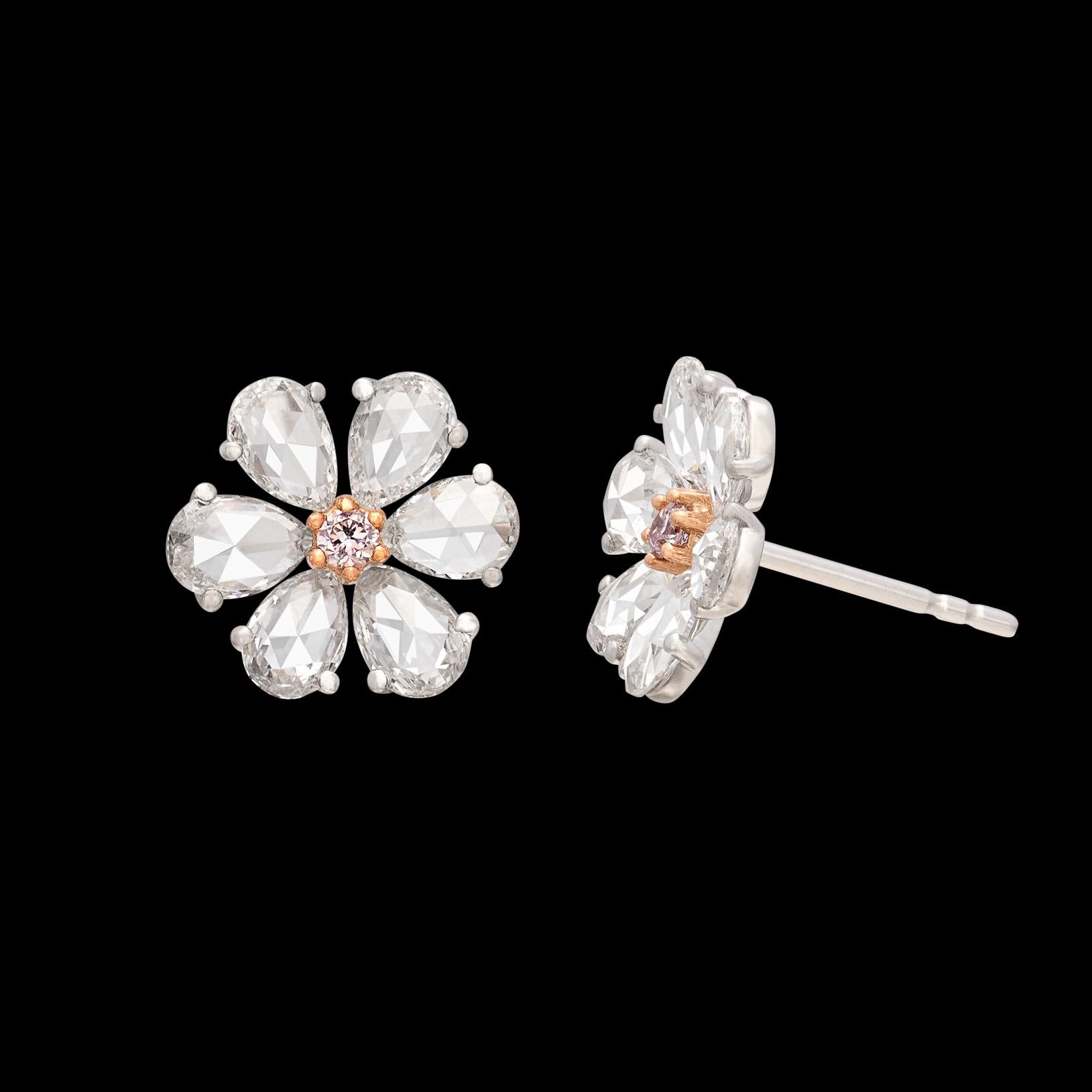 White & Pink Diamond Floral Stud Earrings In New Condition For Sale In San Francisco, CA