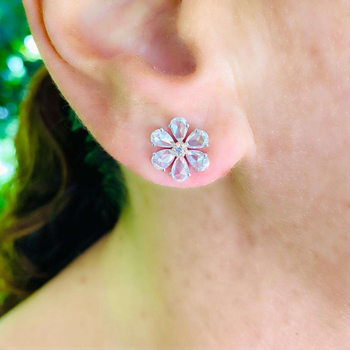 White & Pink Diamond Floral Stud Earrings For Sale 1