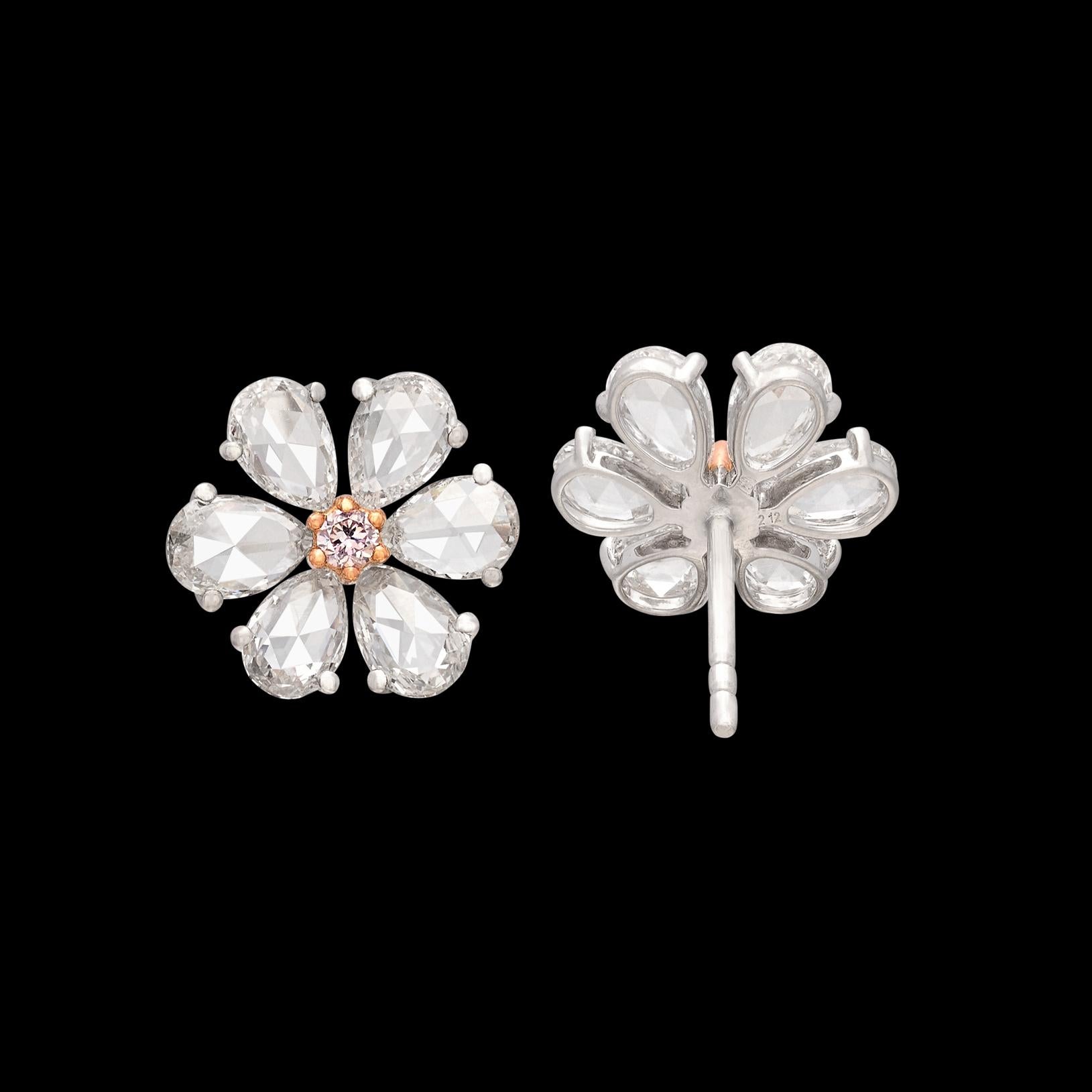 White & Pink Diamond Floral Stud Earrings For Sale 2