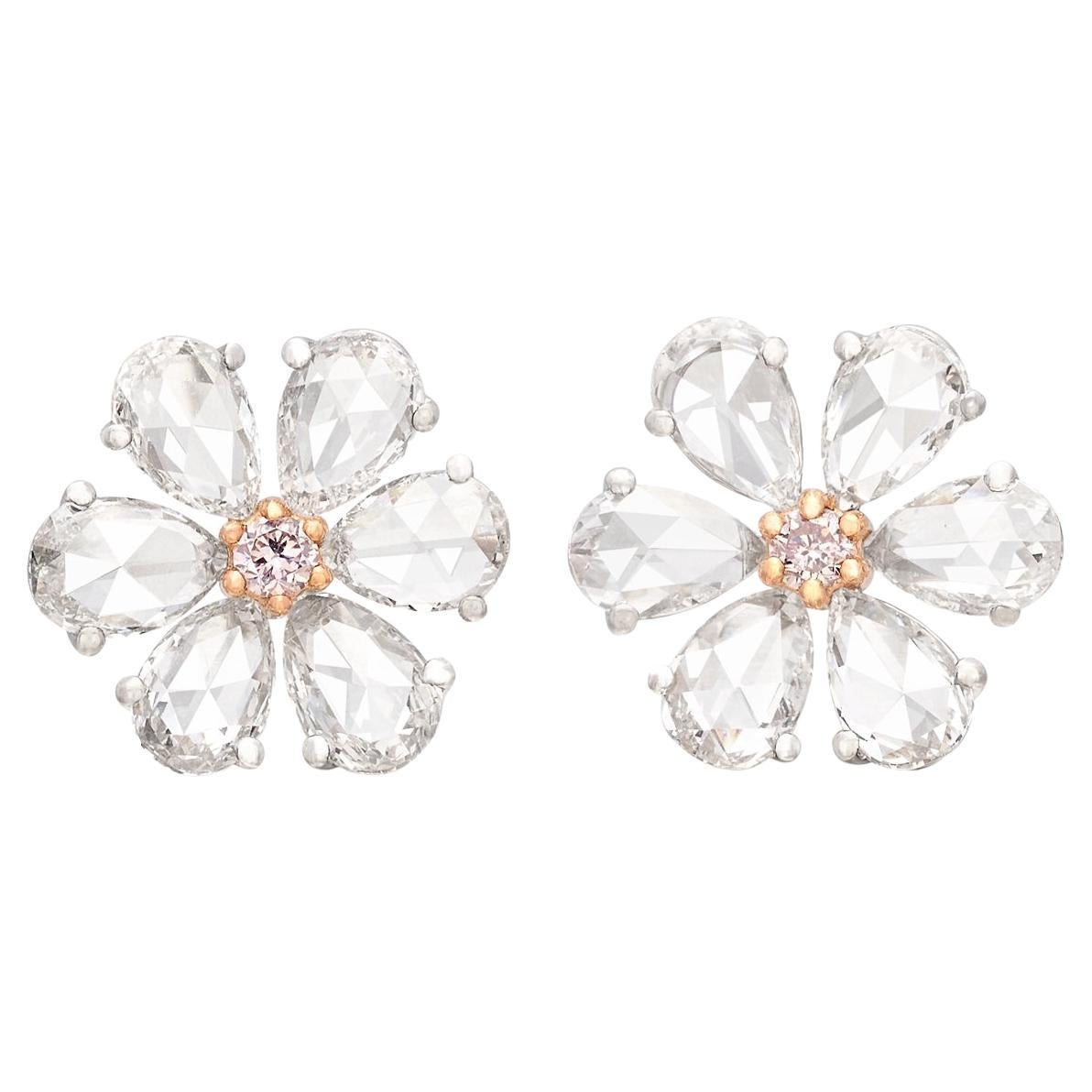 White & Pink Diamond Floral Stud Earrings For Sale