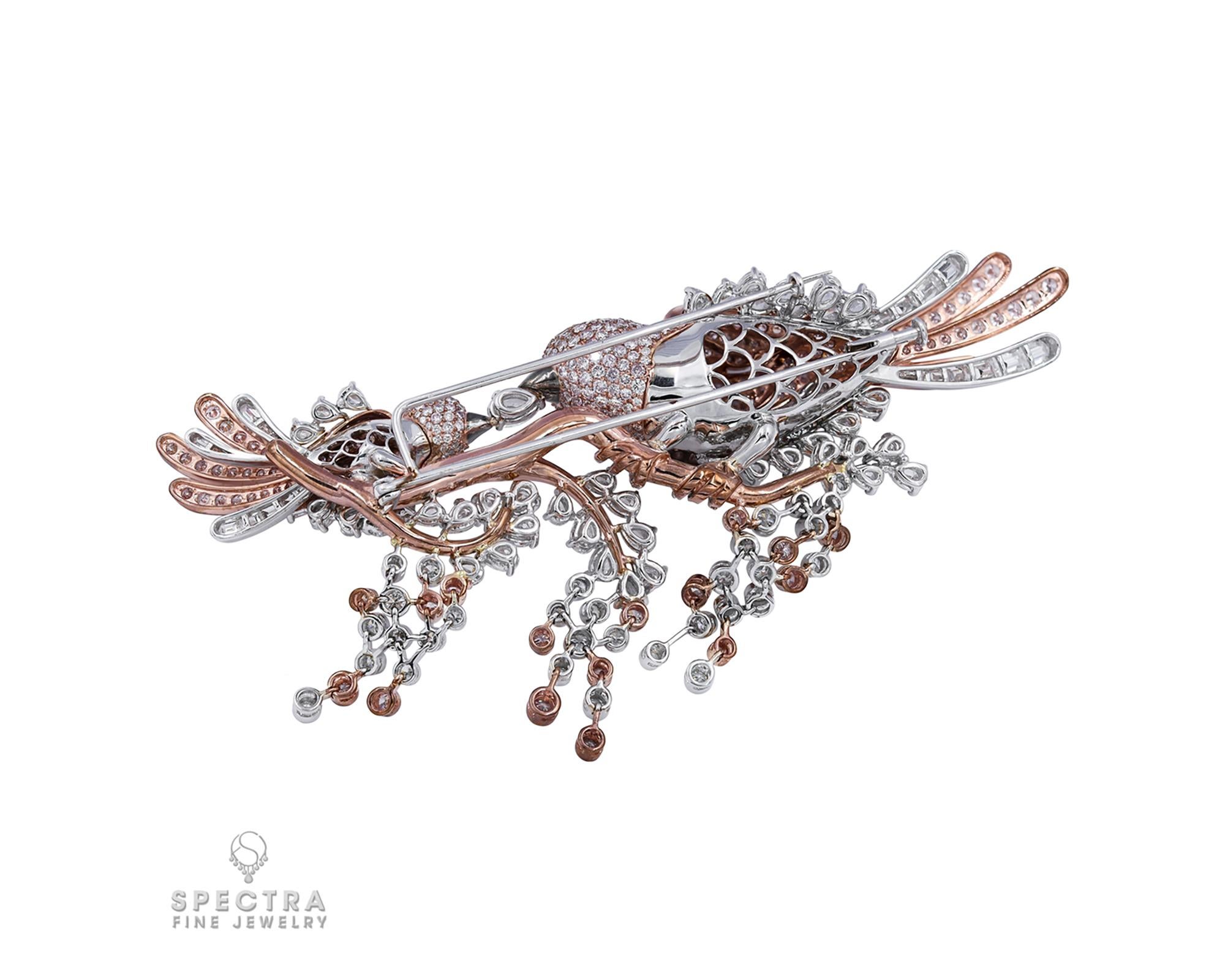 Mixed Cut White Pink Diamond Two Birds Brooch For Sale