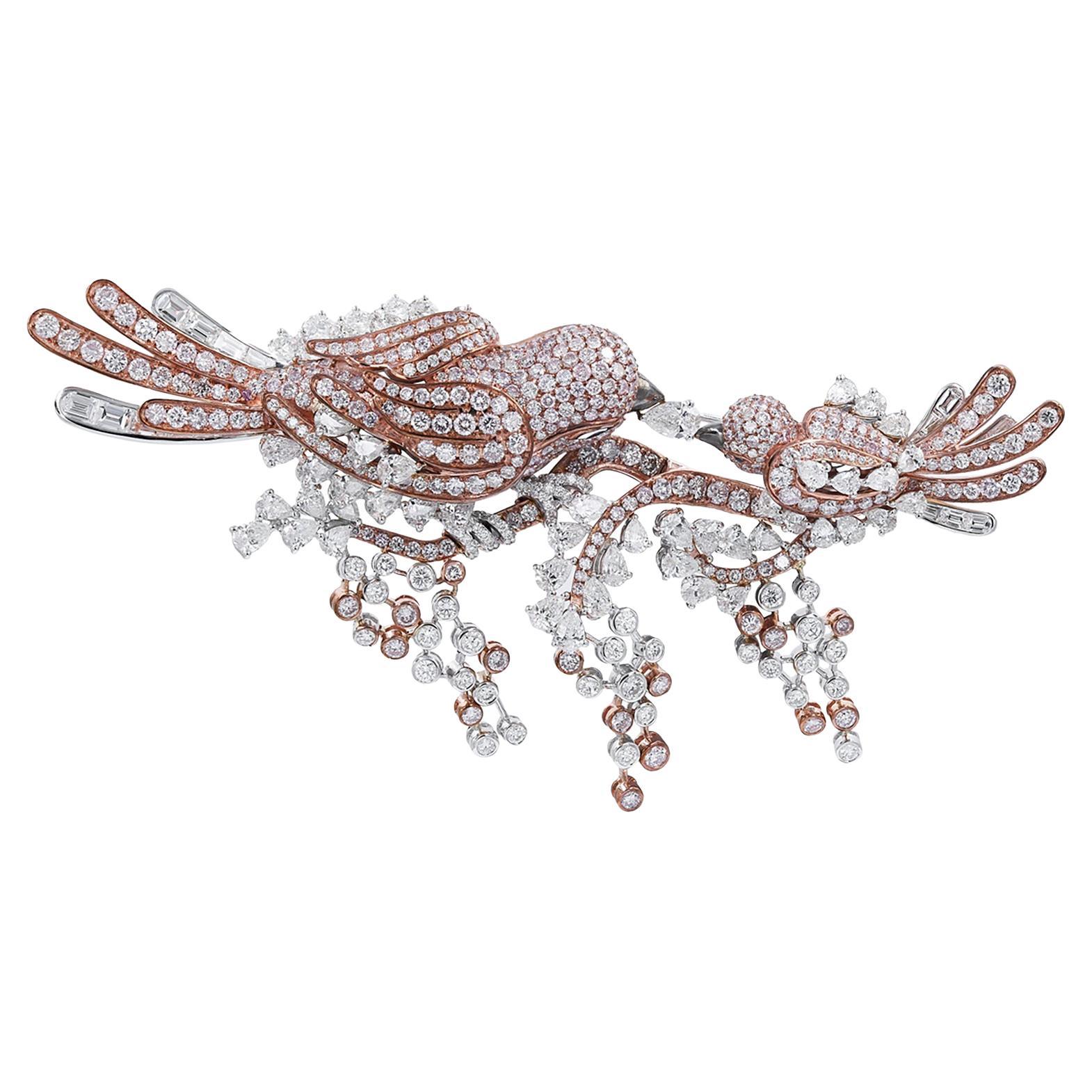 White Pink Diamond Two Birds Brooch For Sale