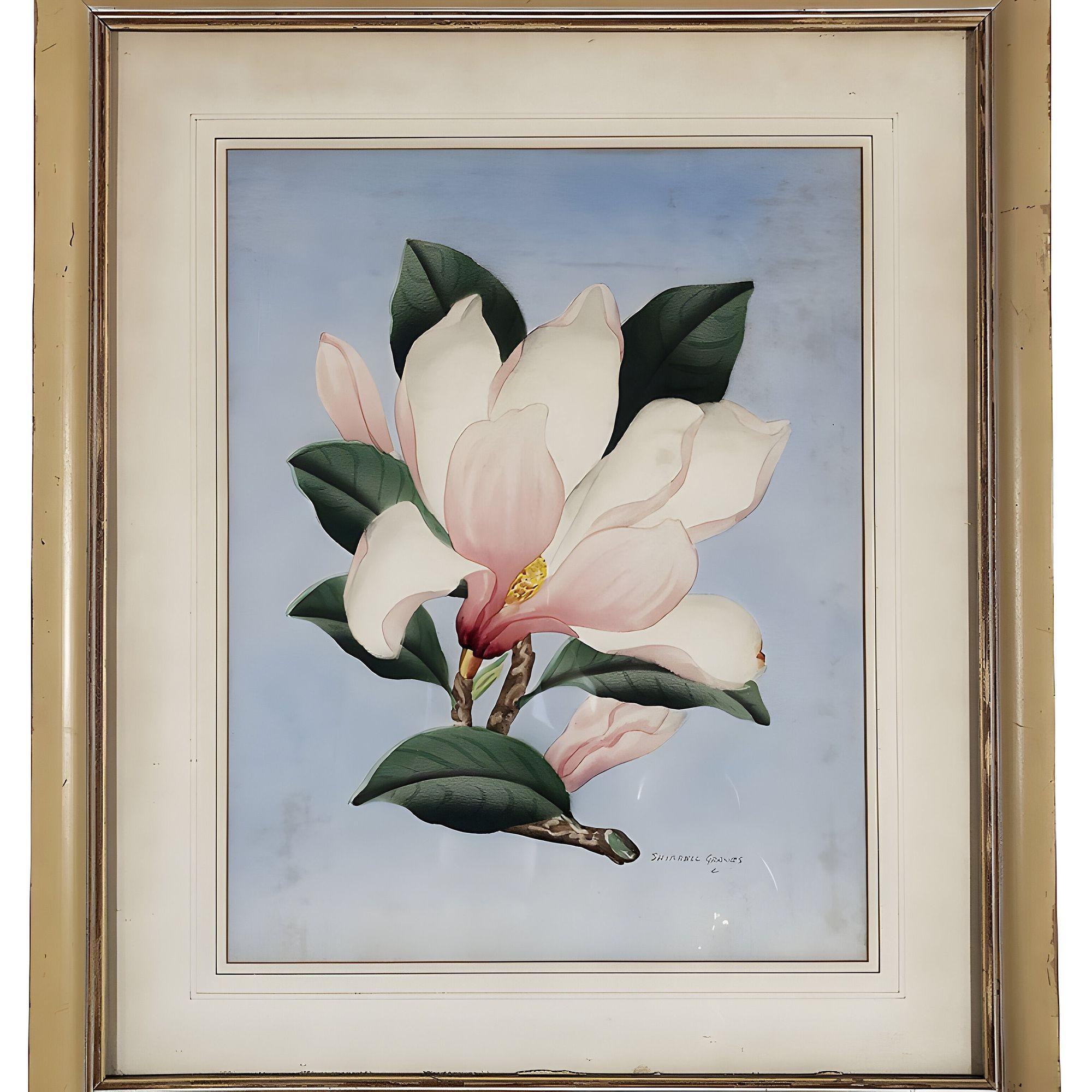 Americano Pittura ad acquerello su carta con magnolia bianca/rosa firmata Shirrell Graves, incorniciata in vendita