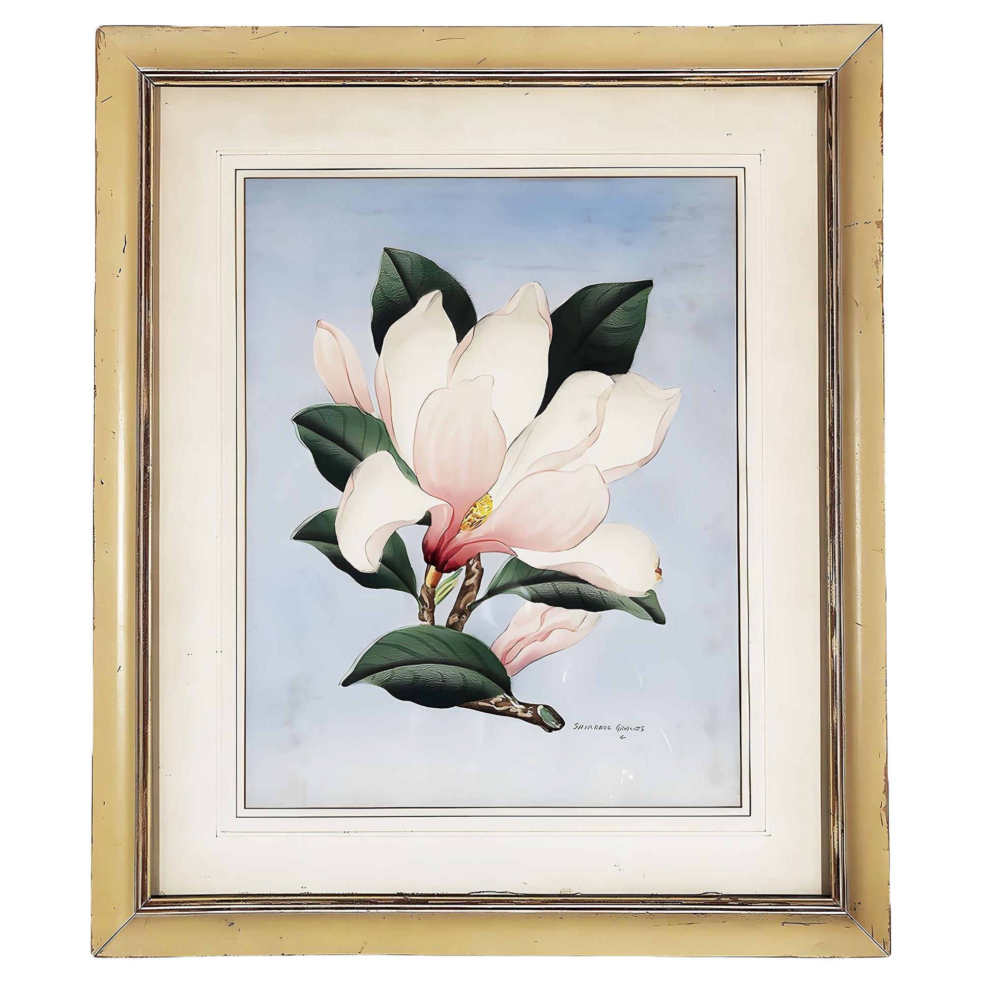 Pittura ad acquerello su carta con magnolia bianca/rosa firmata Shirrell Graves, incorniciata in vendita