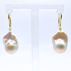 Iridescent White Baroque Pearl Drop Earrings With 18K Yellow Gold French Hooks
