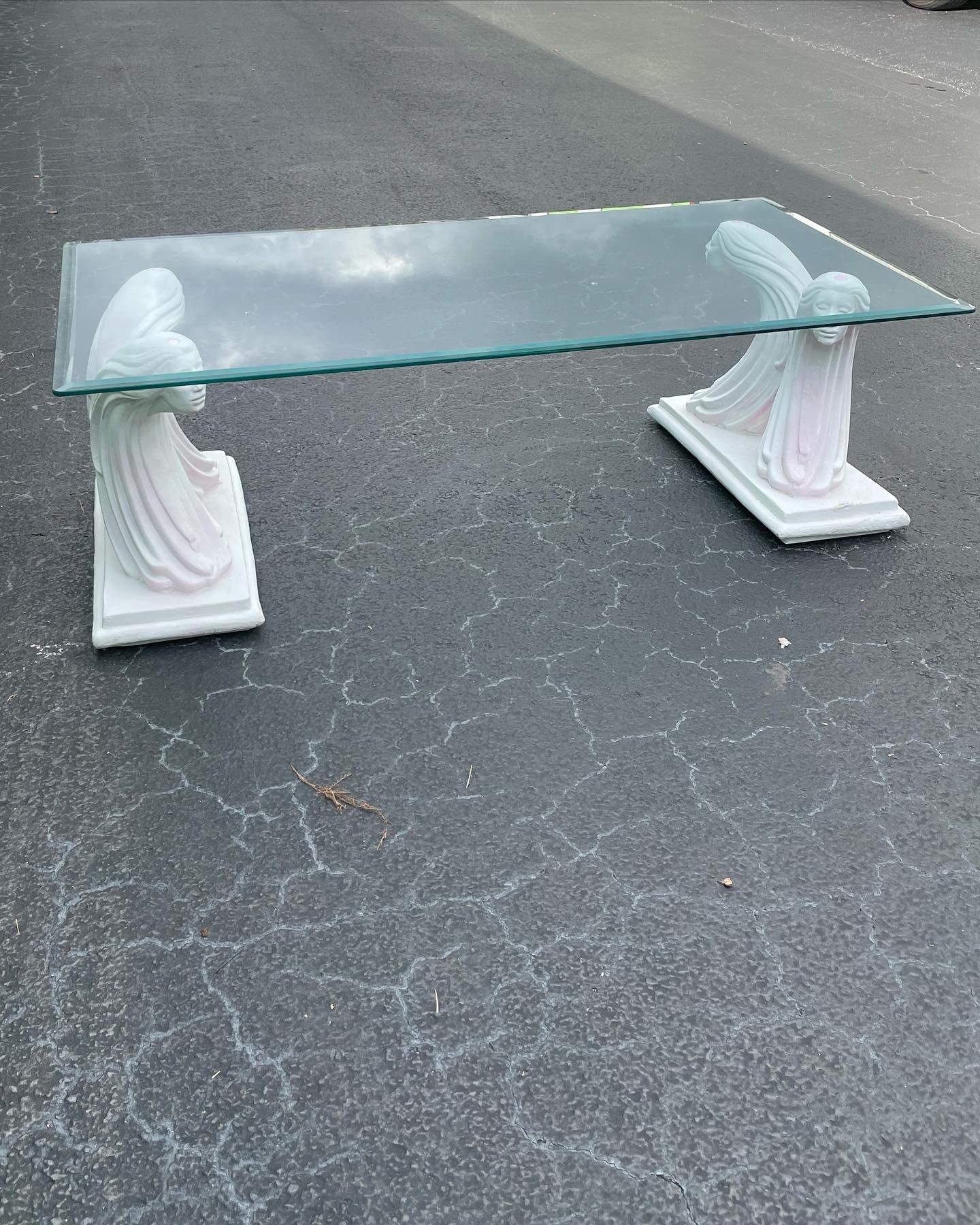 American White Plaster and Glass Art Deco Lady in the Wind Coffee Table For Sale