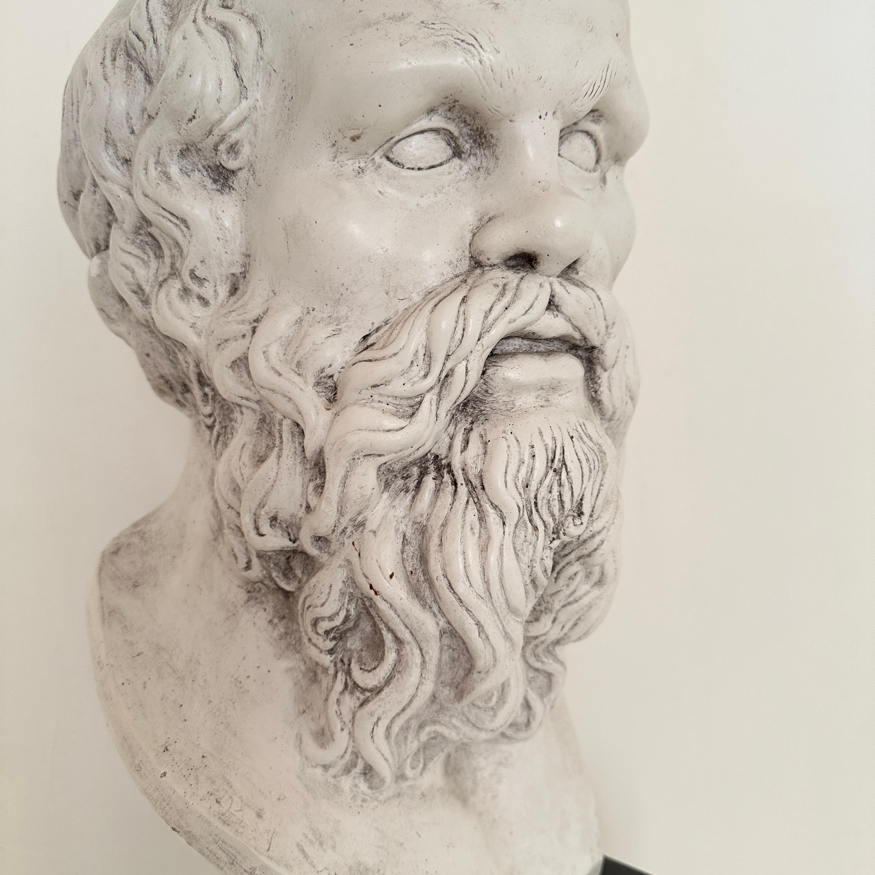Classical Roman White Plaster Bust of Socrates on a Black Marble Base, around 1940 For Sale