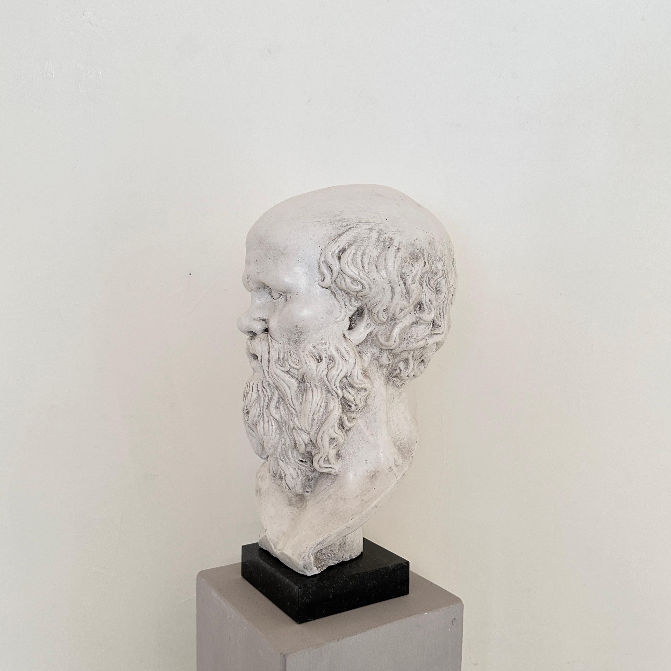 Mid-20th Century White Plaster Bust of Socrates on a Black Marble Base, around 1940 For Sale