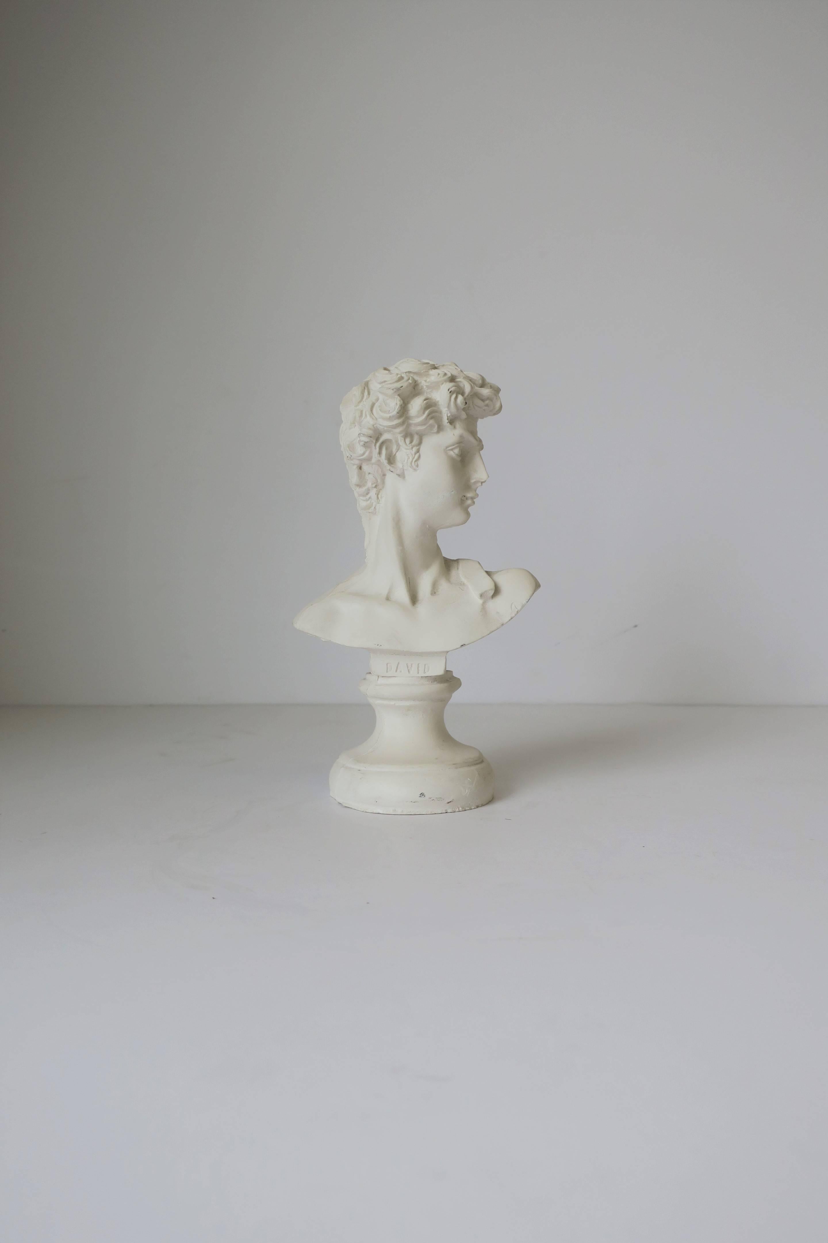 In Classical Roman style, a small white plaster male bust sculpture of 'The David'. 

Piece measures: 6