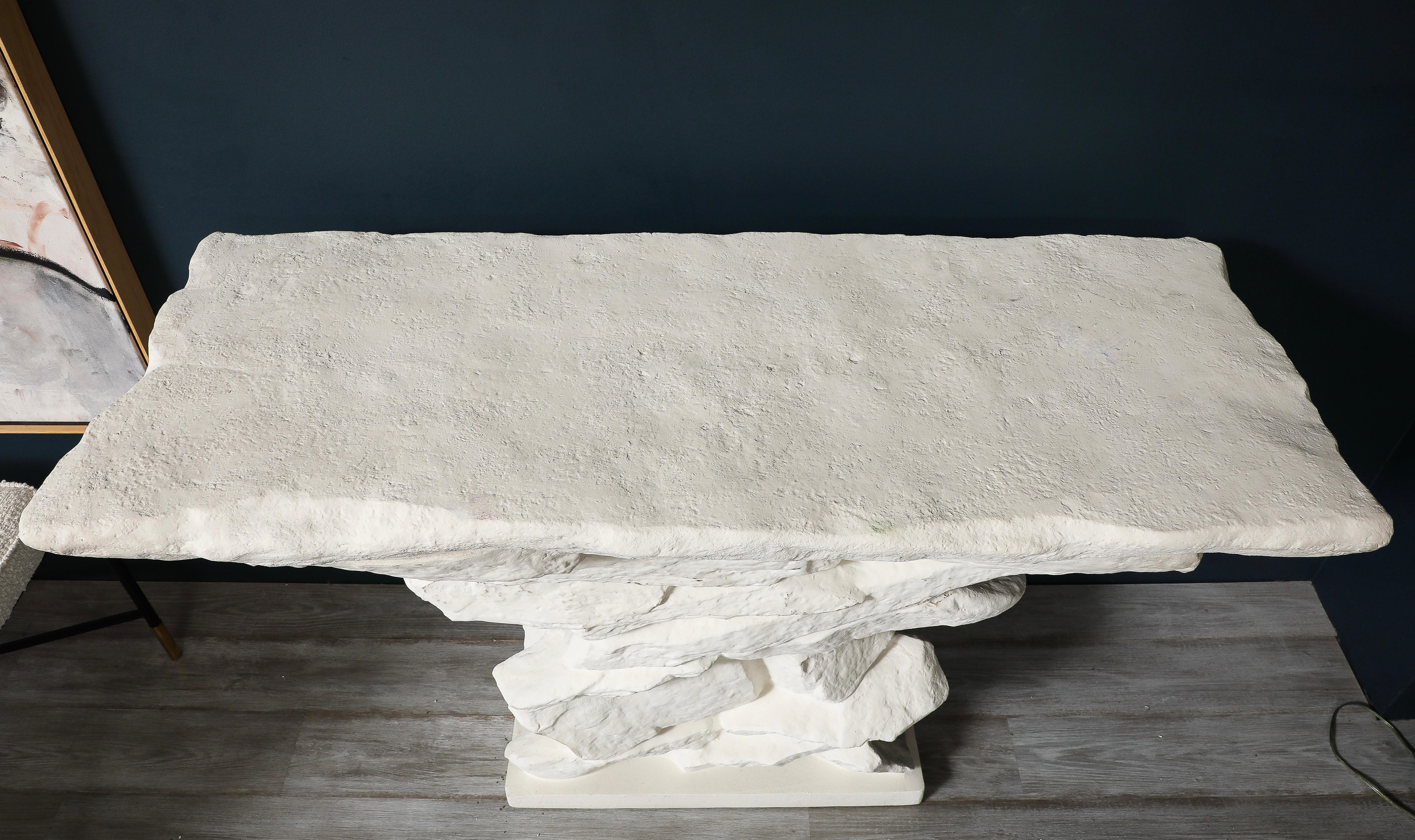Mid-Century Modern White Plaster Grand Quarry Ledge Console, by Sirmos After Emilio Terry, 1 of 2 For Sale