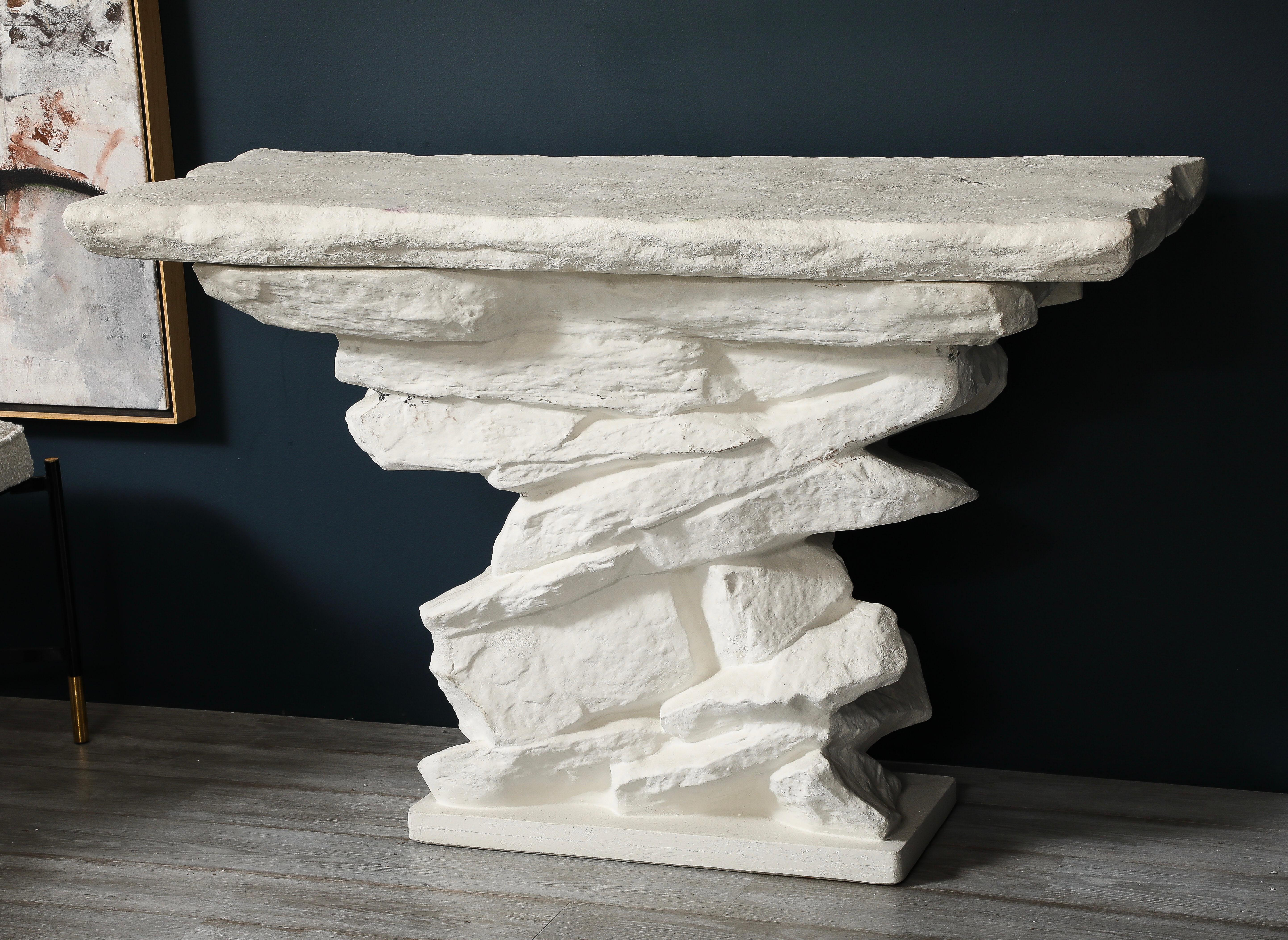 Late 20th Century White Plaster Grand Quarry Ledge Console, by Sirmos After Emilio Terry, 1 of 2 For Sale
