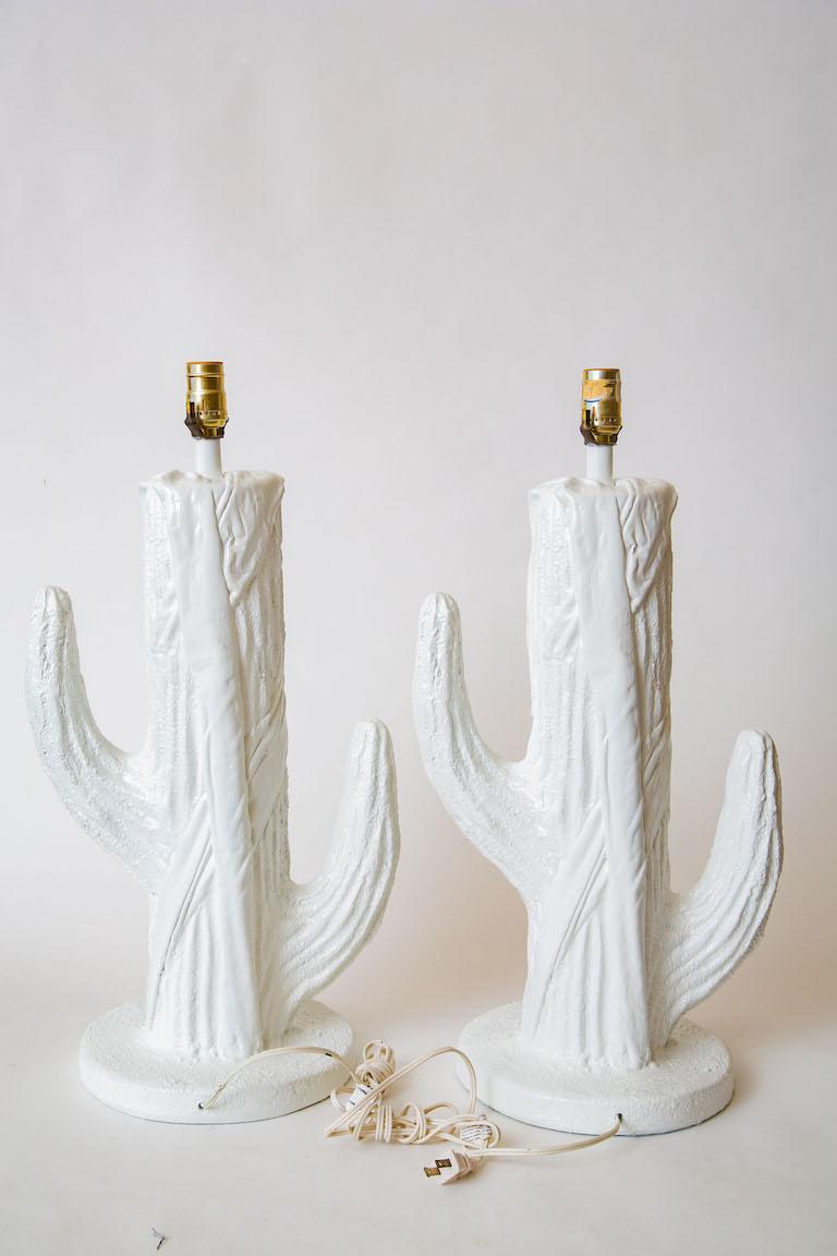 Late 20th Century  Vintage White Plaster of Paris Cactus Form Table Lamps Pair Of For Sale