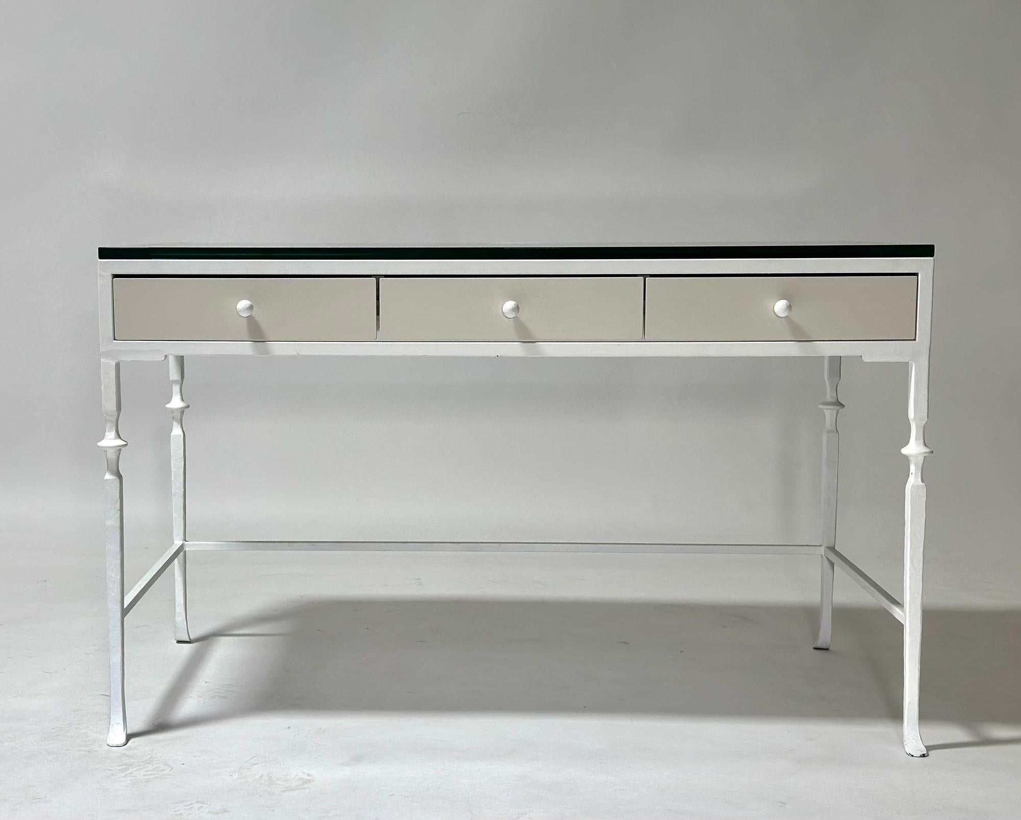 White Plastered Iron Desk Style of Giacometti, 1970. Top glass is 3/4