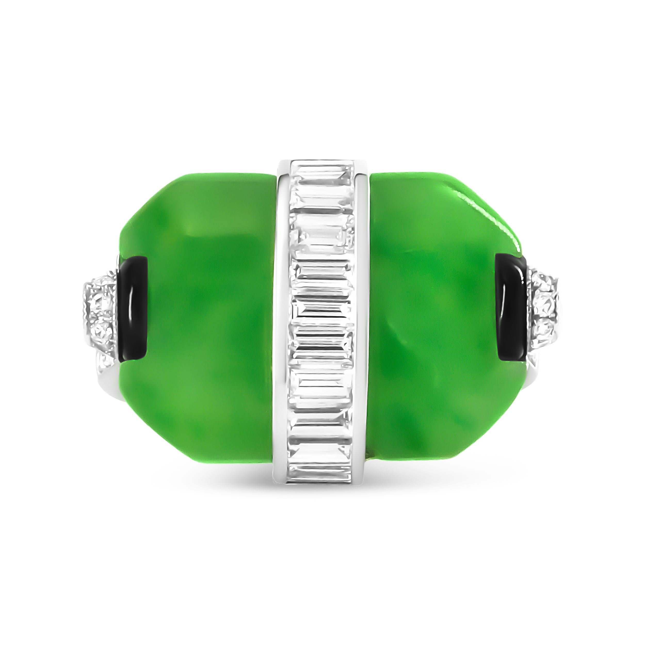 This white platinum diamond and gemstone cocktail ring is certain to make a statement with its bold color and dazzling sparkle. Jade is treasured as one of the world's most culturally significant gemstones, considered a symbol of good fortune. This
