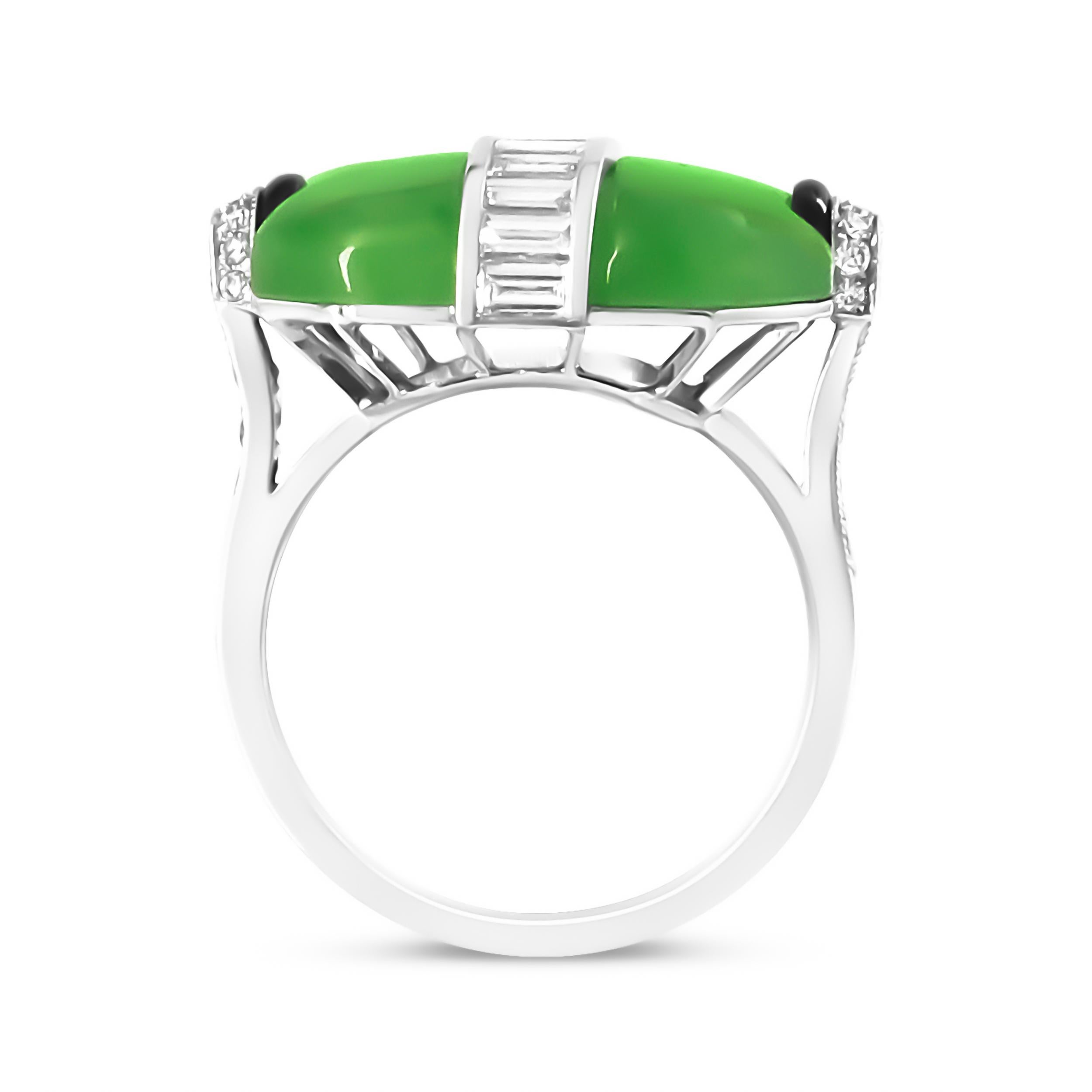 Round Cut White Platinum Green Jade Gemstone and 1 3/8 Carat Diamond Cocktail Ring