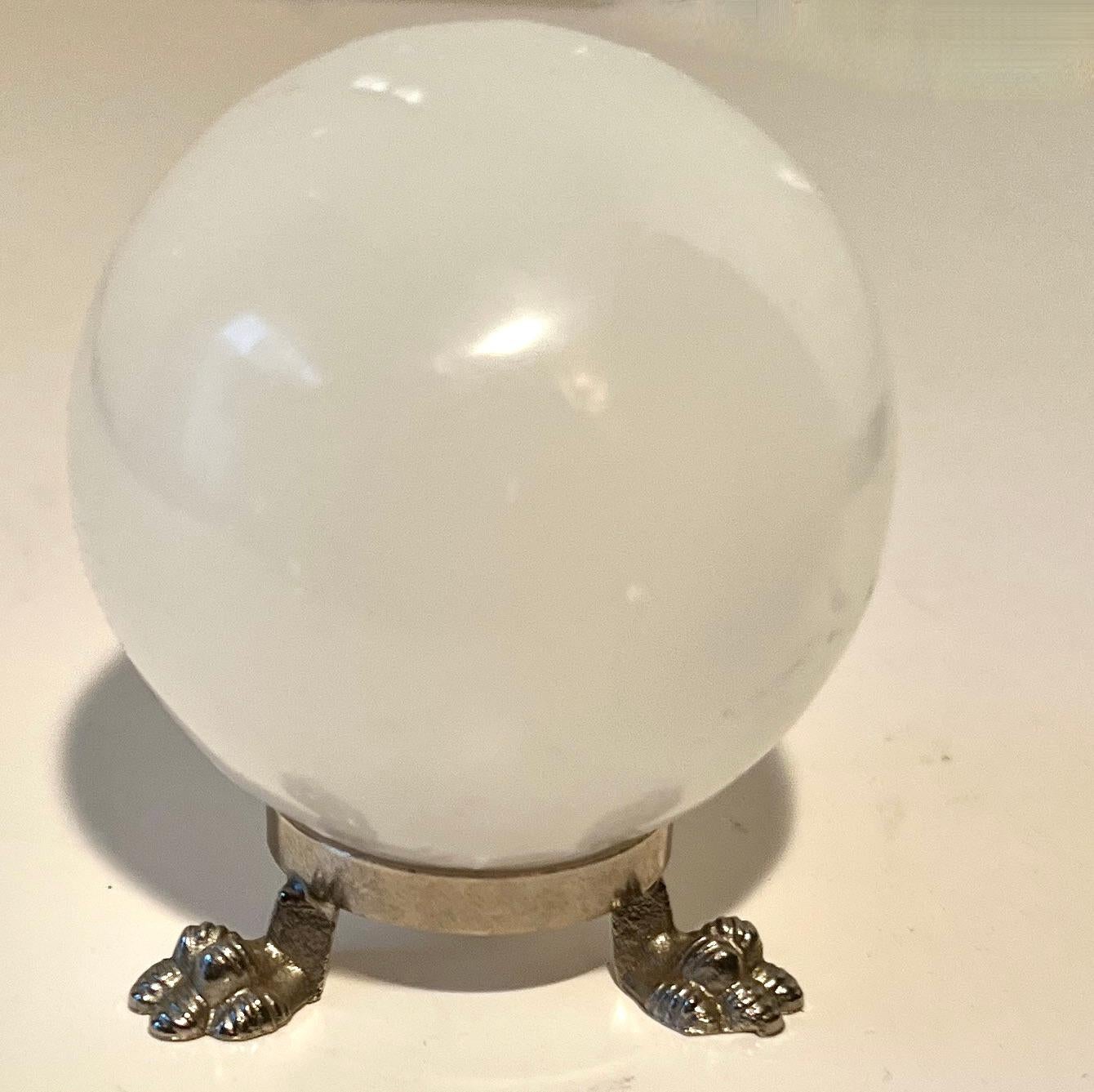 White Polished Tigers Eye Paperweight on Silver Stand with Paw Feet In Good Condition For Sale In Los Angeles, CA