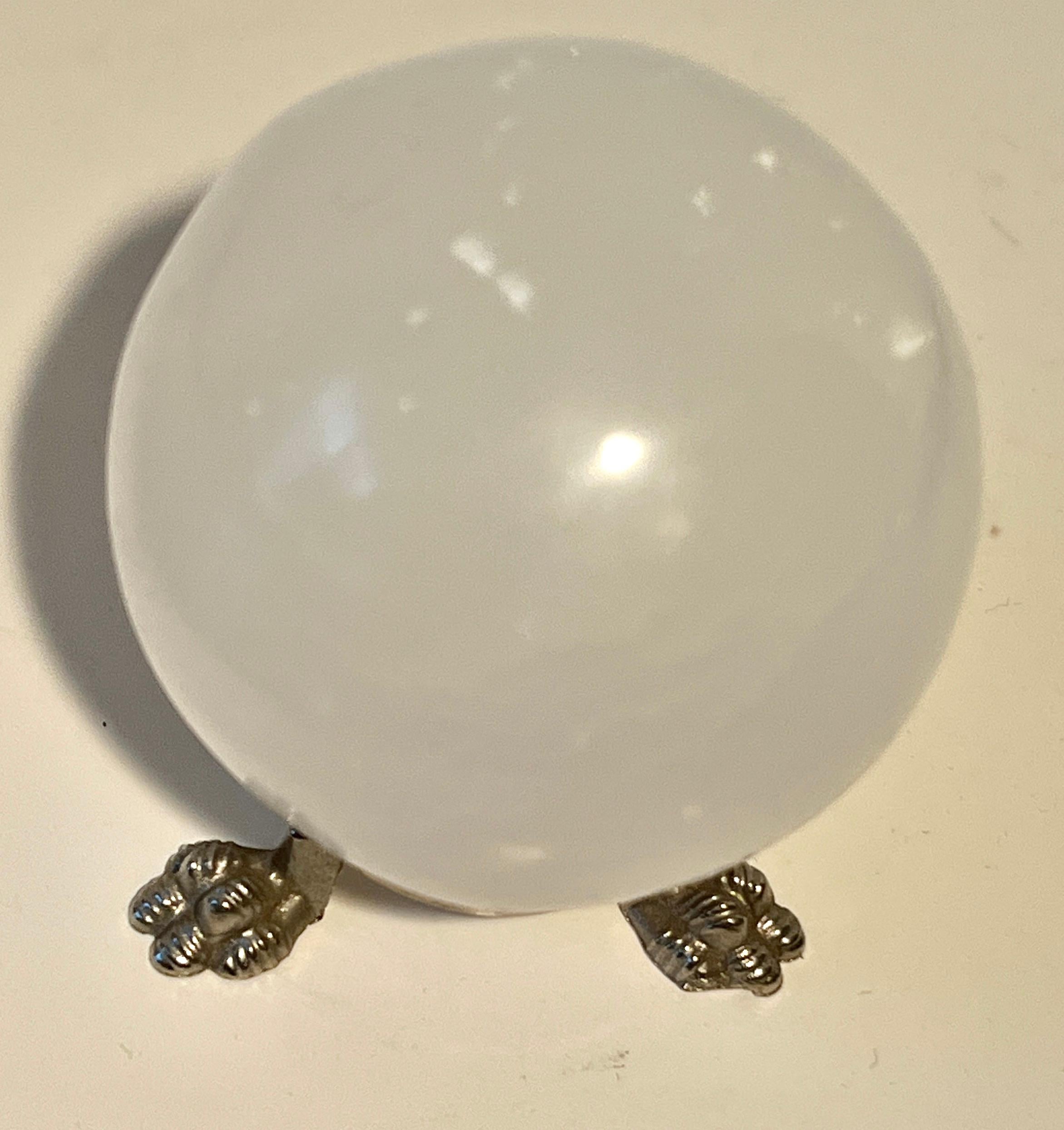 20th Century White Polished Tigers Eye Paperweight on Silver Stand with Paw Feet For Sale