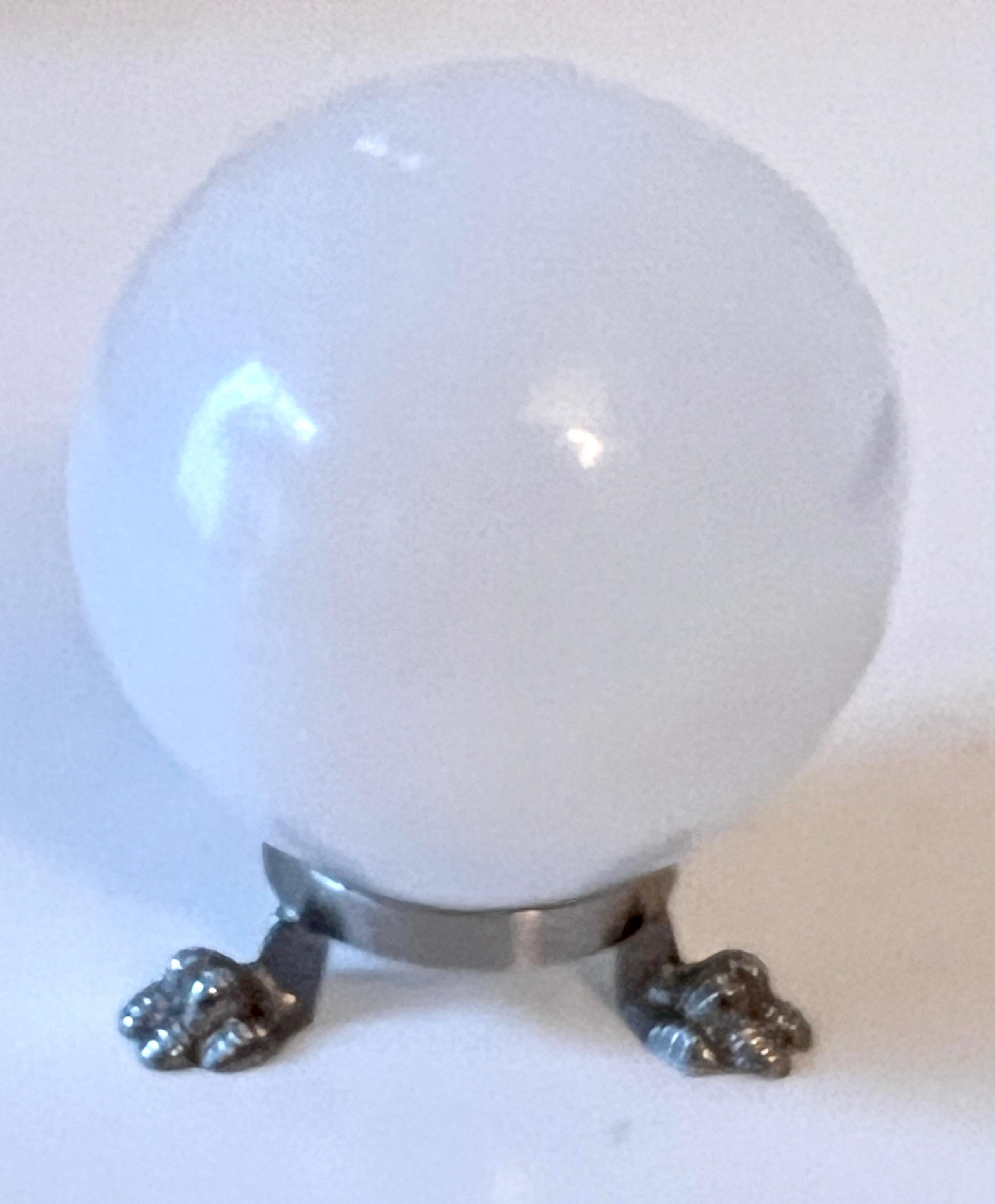 Silver Plate White Polished Tigers Eye Paperweight on Silver Stand with Paw Feet For Sale