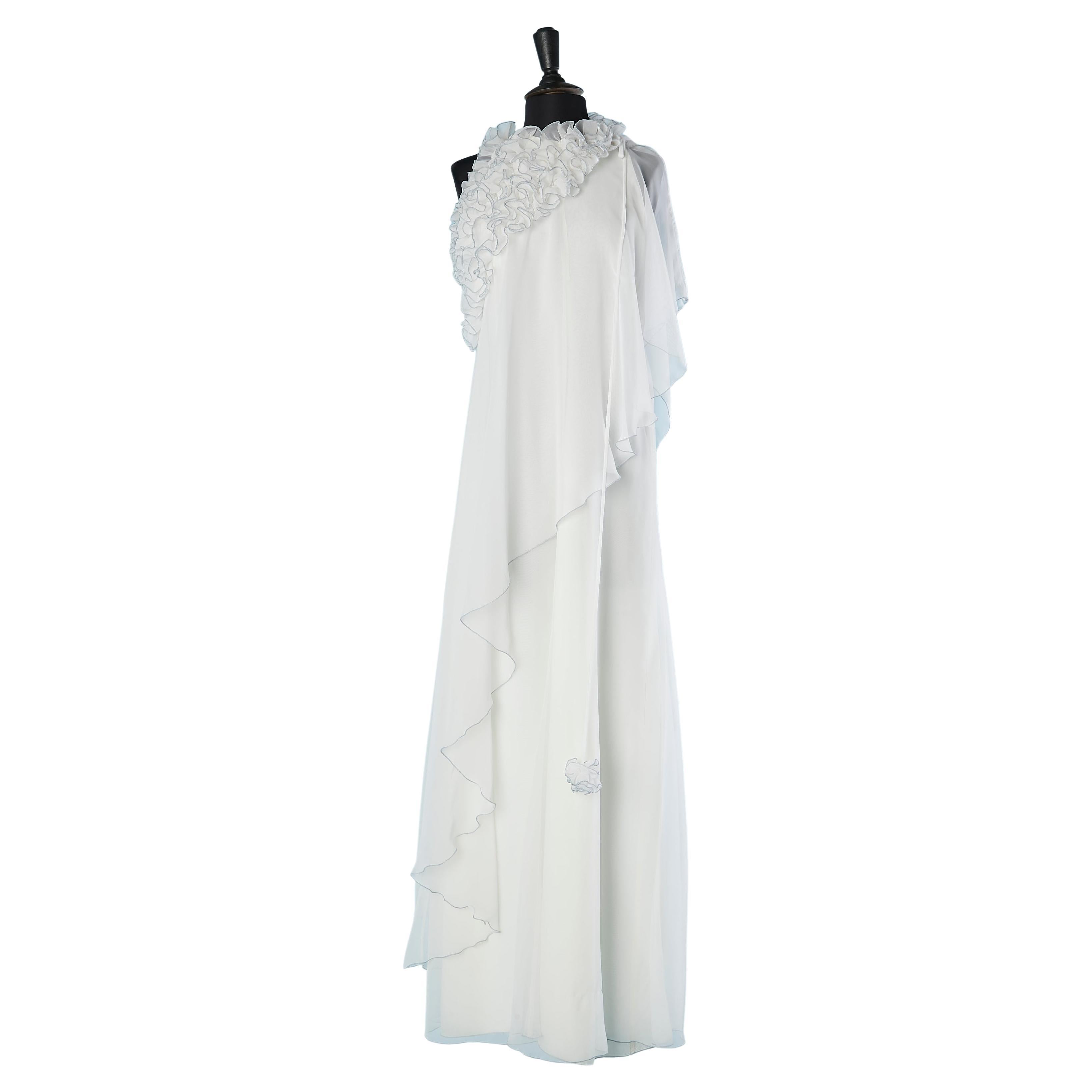 White polyester chiffon asymmetrical evening dress with ruffles DP Gowns  For Sale