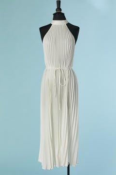 White polyester satin sunray pleated dress with belt
