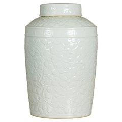 Used White Porcelain Asian Lidded Jar with Scrolling Foliage Motifs