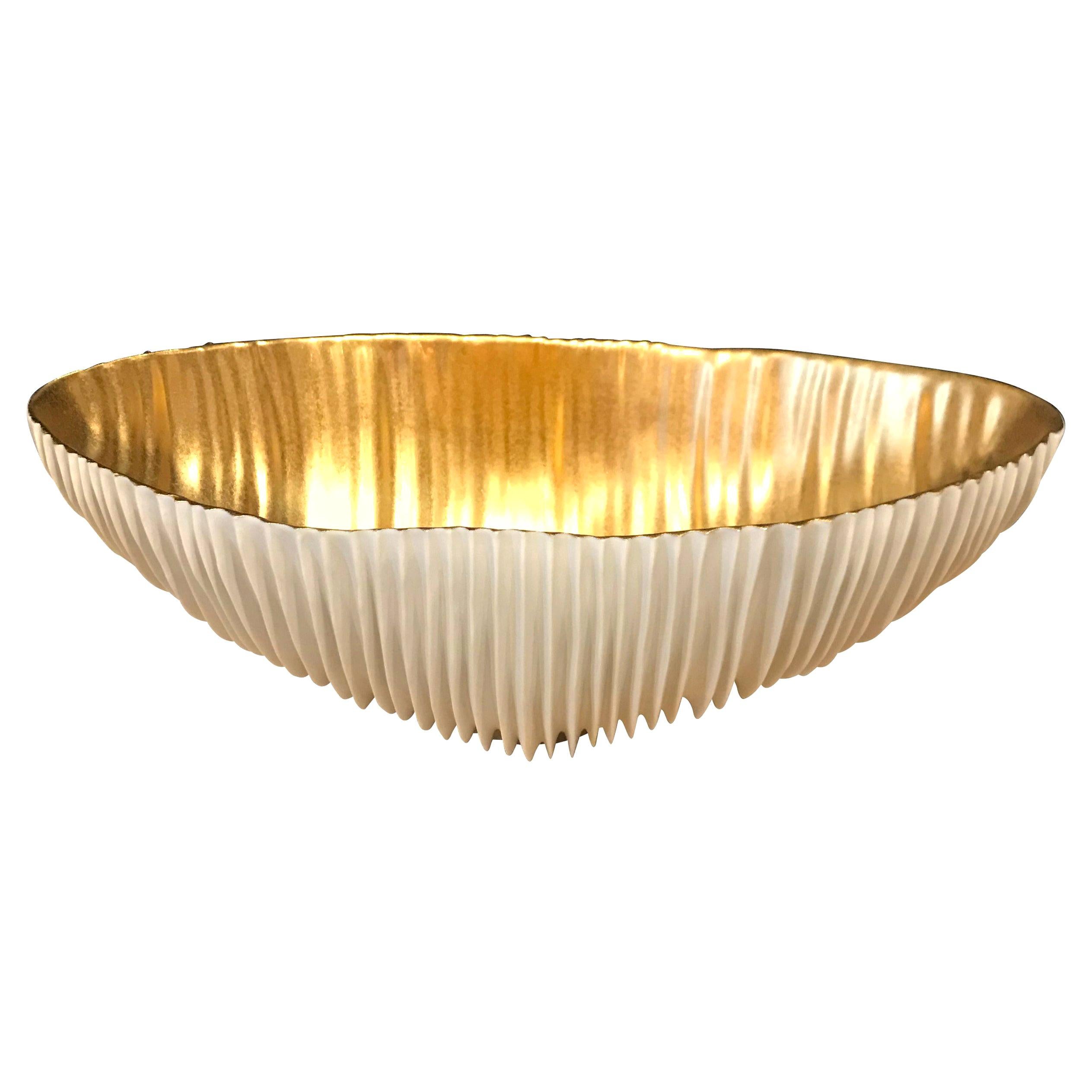 White Porcelain Oval Shaped Bowl with Gold Leaf Interior, Italy