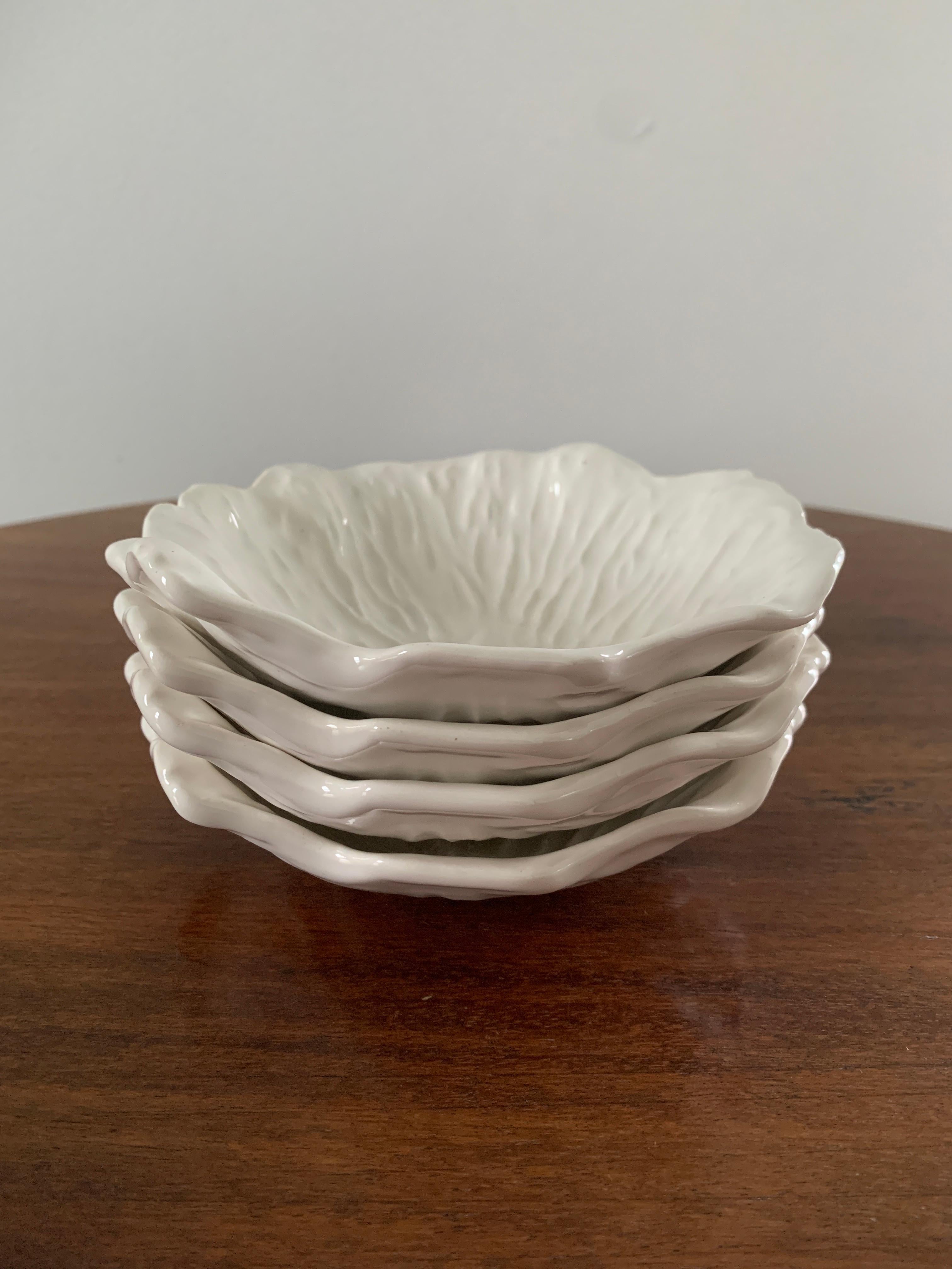 Organic Modern White Porcelain Cabbage Plates, Set of Four For Sale