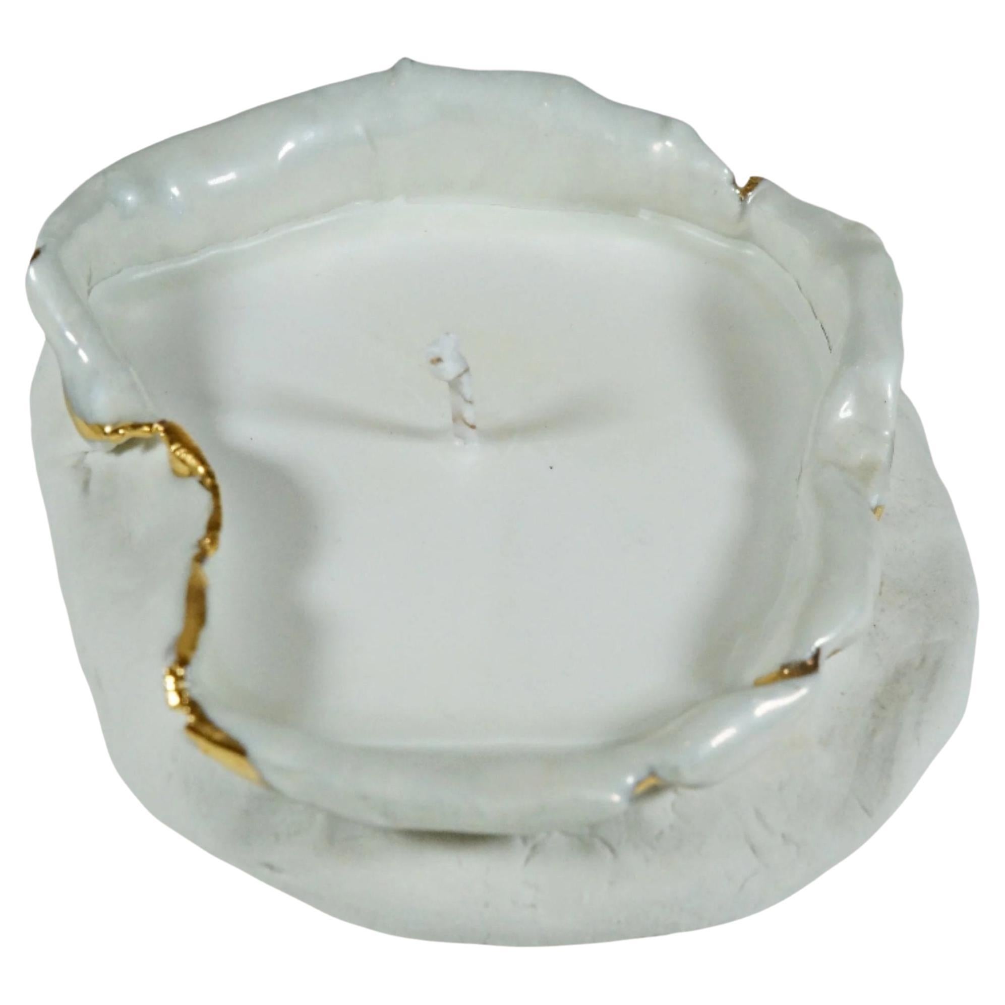 White Porcelain Romanesque Gold Lustered Candle Holder