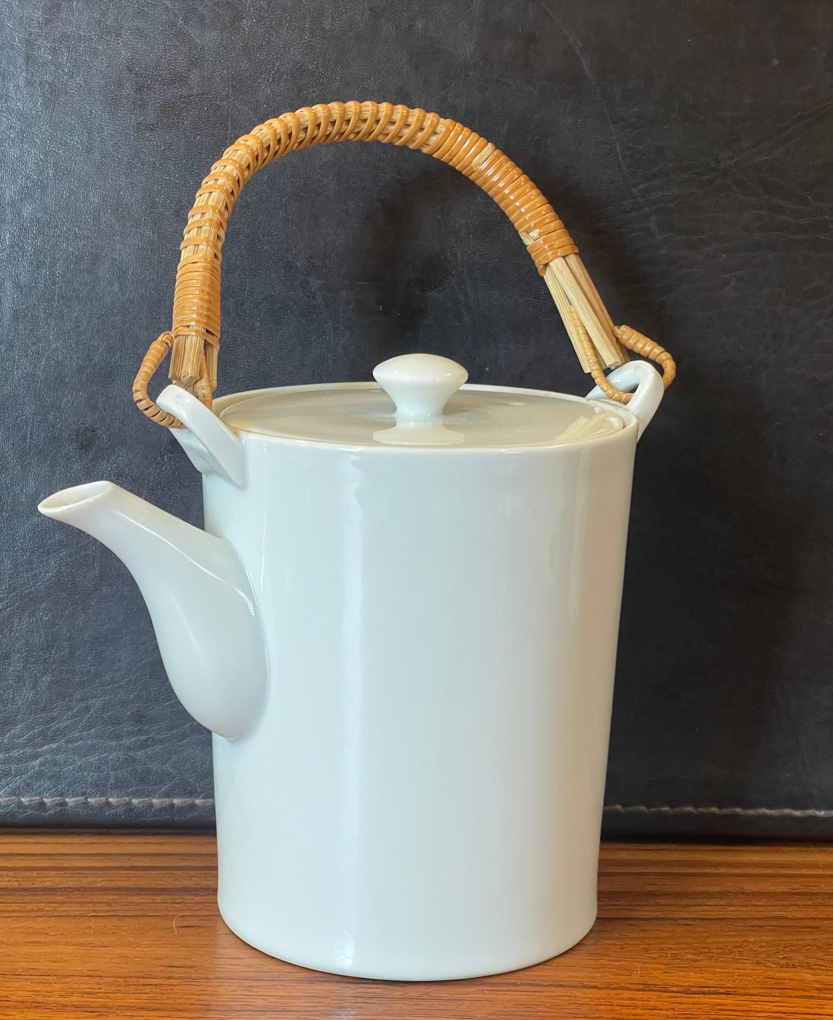 White Porcelain & Cane Handle Teapot by Kenji Fujita for Freeman Lederman 4