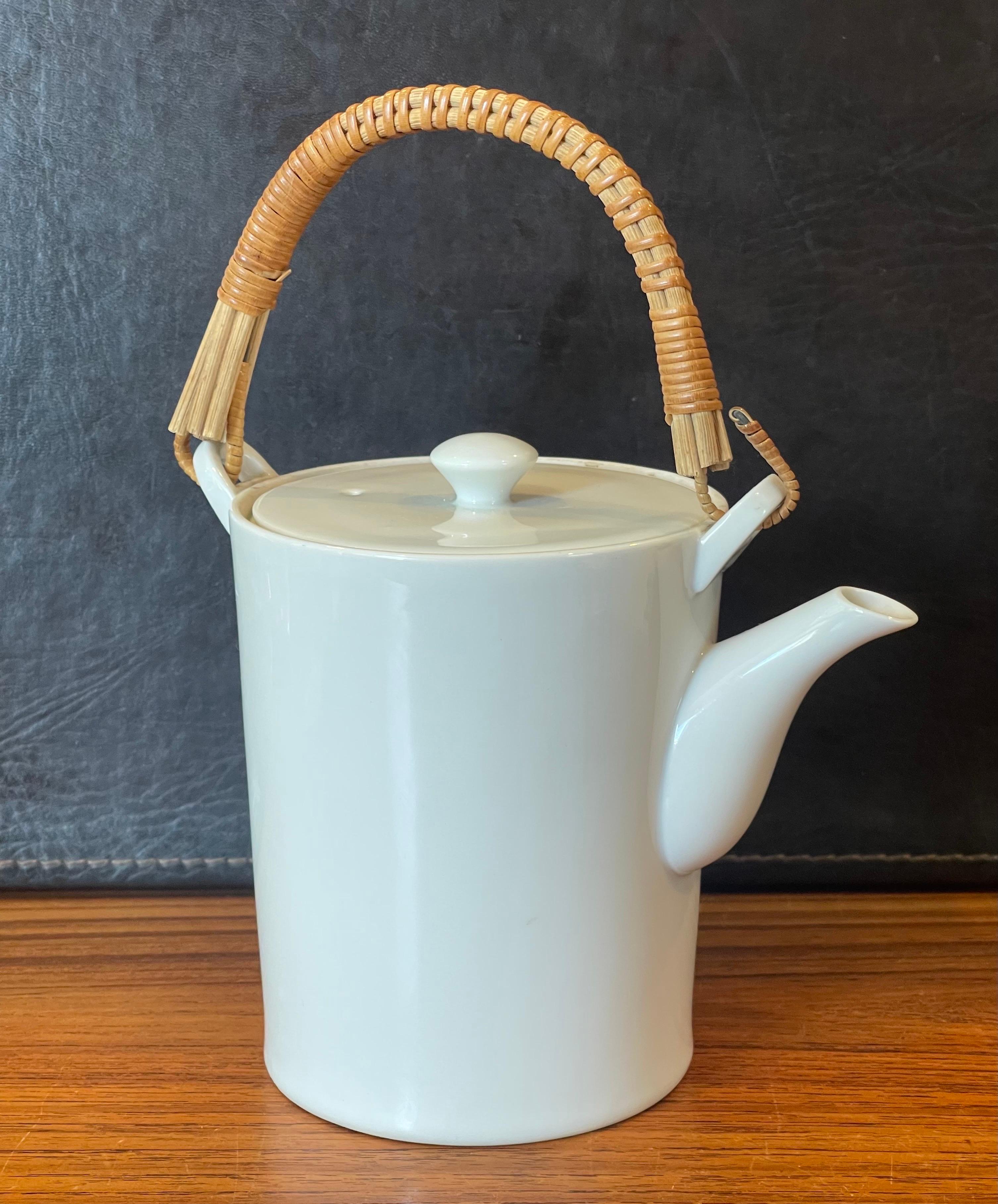 Mid-Century Modern White Porcelain & Cane Handle Teapot by Kenji Fujita for Freeman Lederman