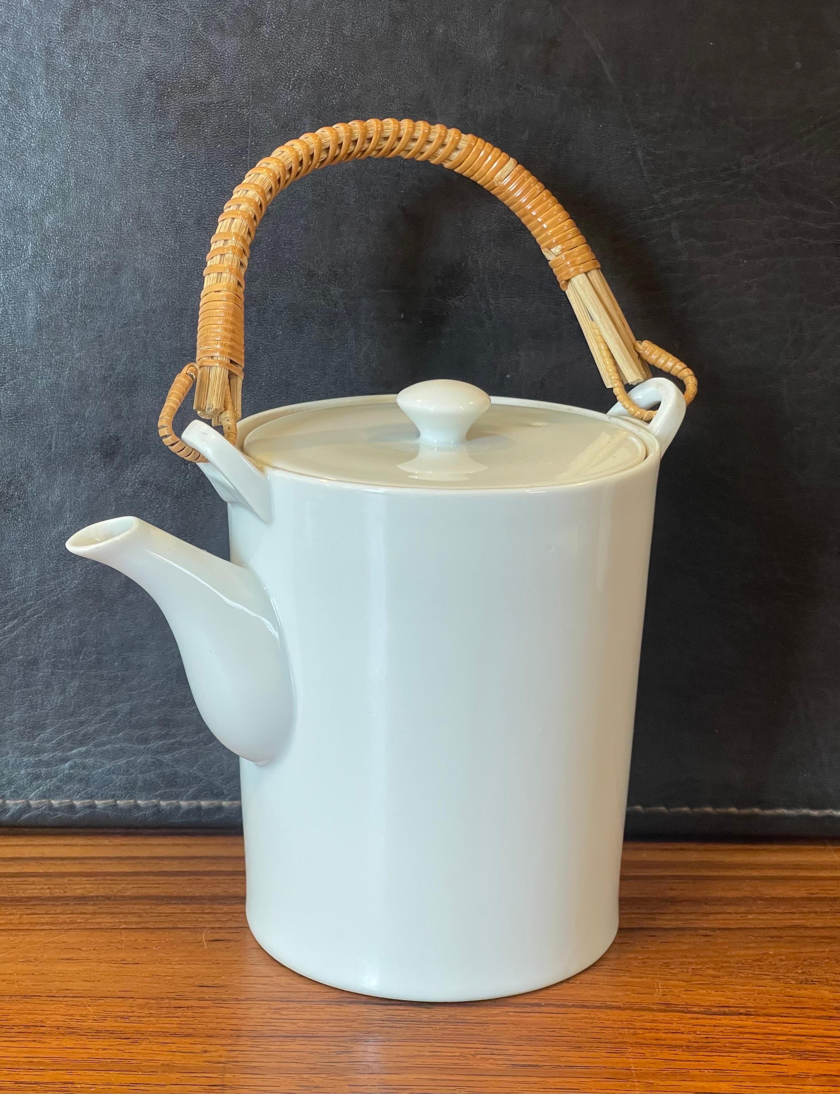 Japanese White Porcelain & Cane Handle Teapot by Kenji Fujita for Freeman Lederman