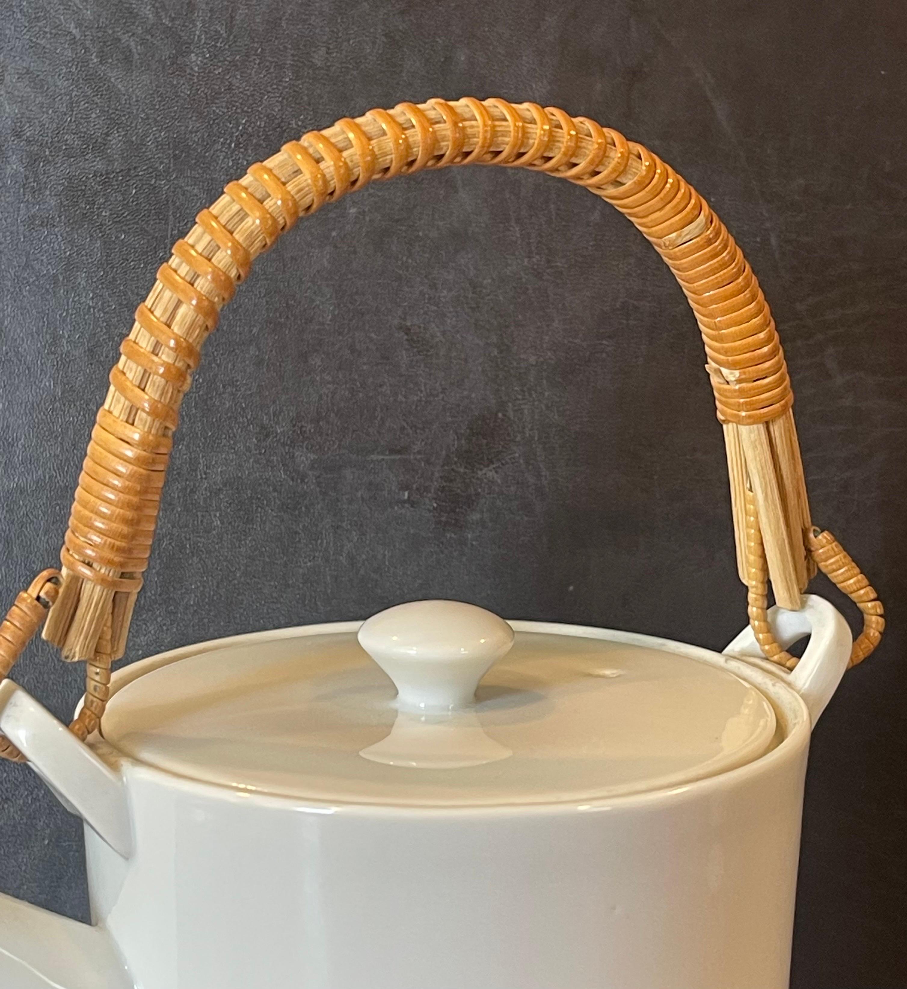 White Porcelain & Cane Handle Teapot by Kenji Fujita for Freeman Lederman 1