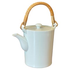 Vintage White Porcelain & Cane Handle Teapot by Kenji Fujita for Freeman Lederman