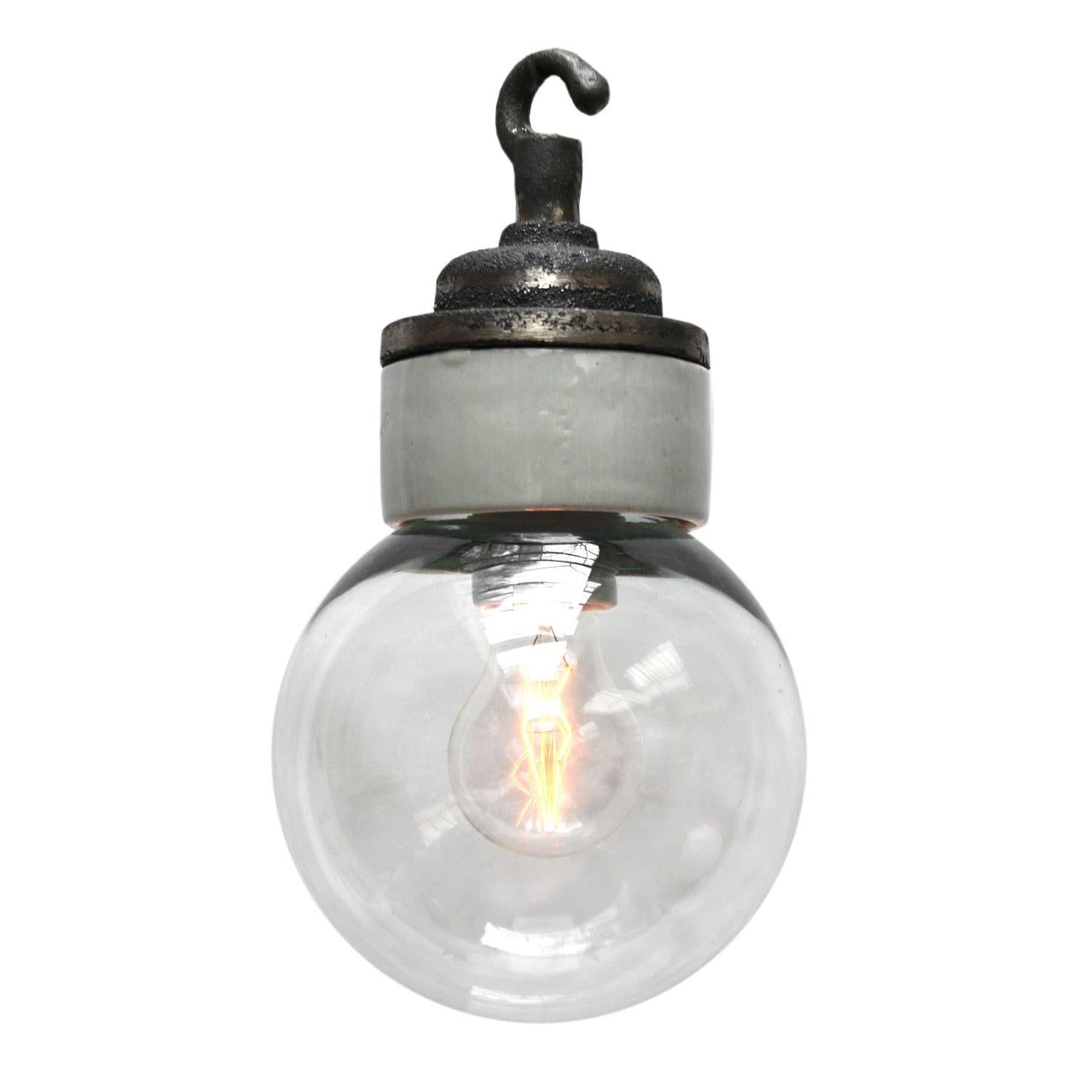 Porcelain Industrial hanging lamp.
White porcelain, cast iron and clear glass.
2 conductors, no ground.

Weight: 2.00 kg / 4.4 lb

Priced per individual item. All lamps have been made suitable by international standards for incandescent light