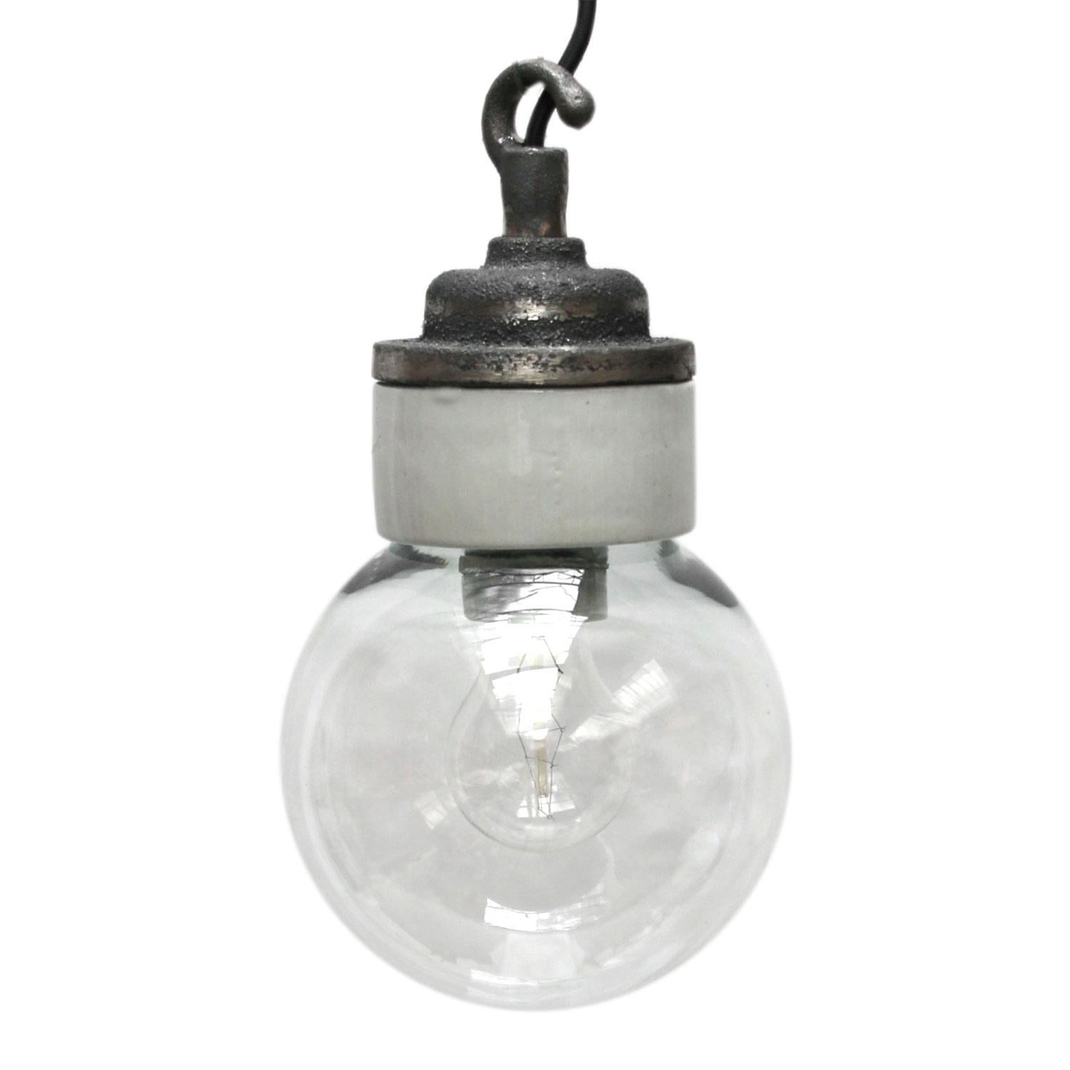 White Porcelain Cast Iron Clear Glass Industrial Hanging Lights In Good Condition In Amsterdam, NL