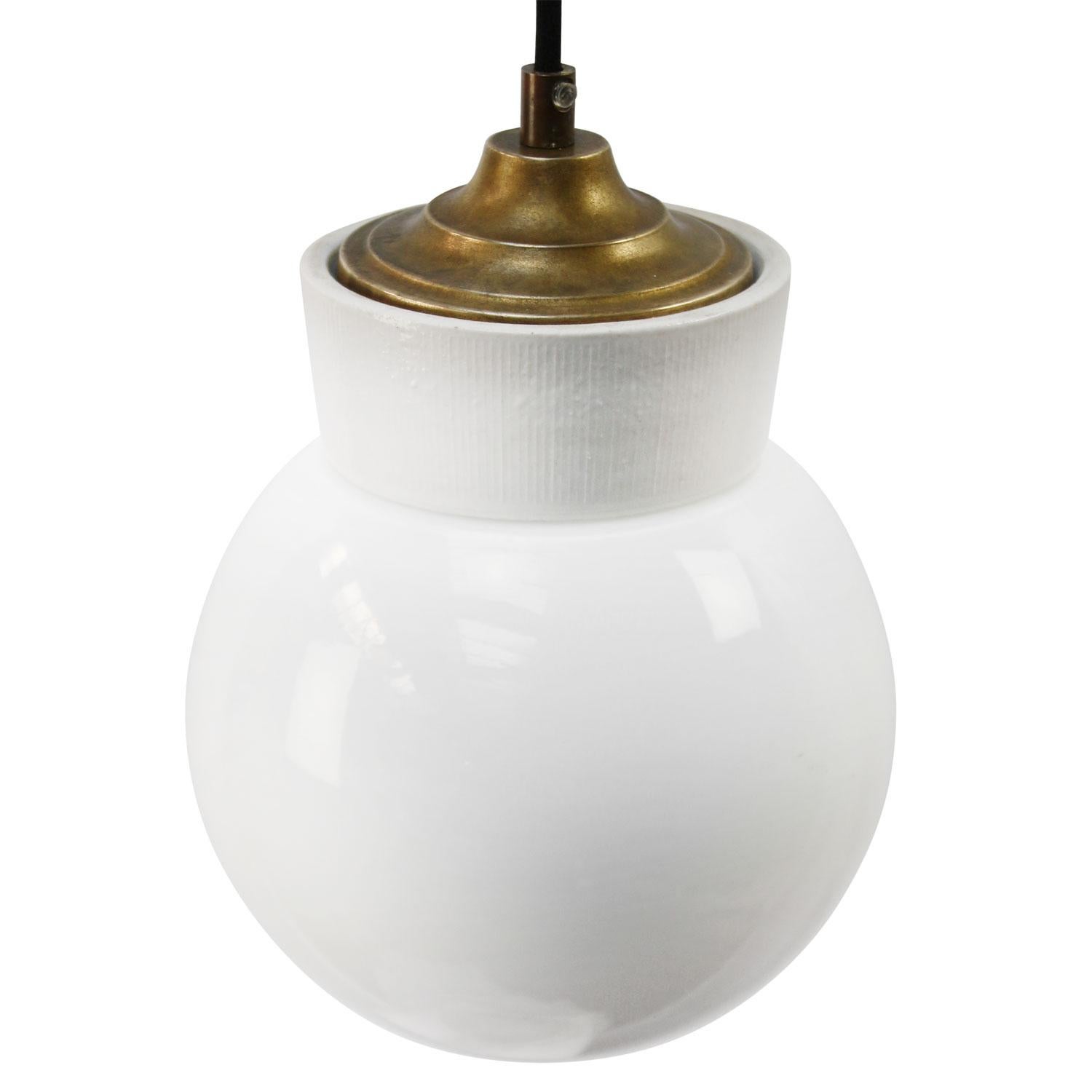 Dutch White Porcelain Opaline Milk Glass Vintage Brass Pendant Lights