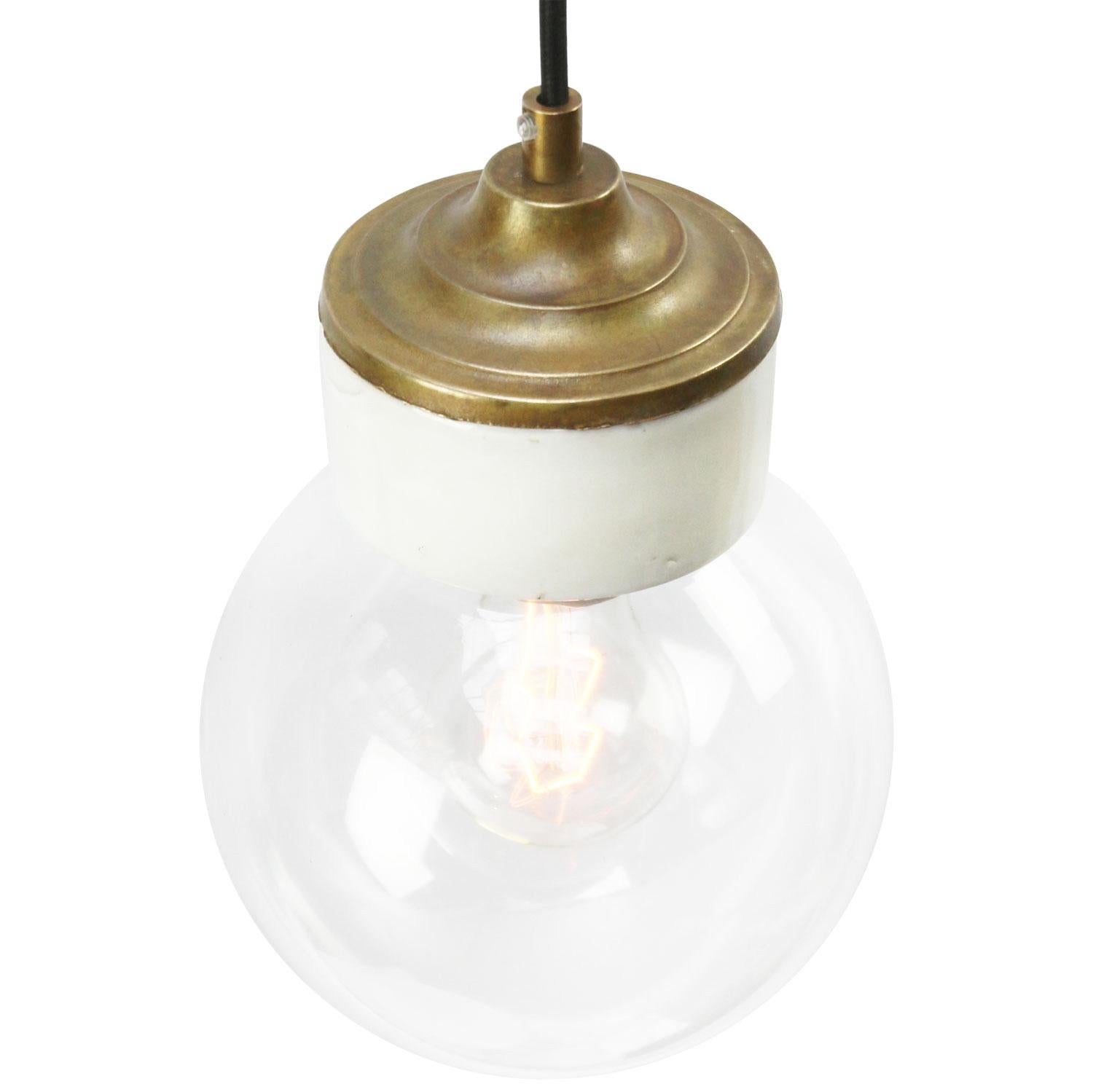 Porcelain industrial hanging lamp.
White porcelain, brass and clear glass.
2 conductors, no ground.

Weight: 1.20 kg / 2.6 lb

Priced per individual item. All lamps have been made suitable by international standards for incandescent light bulbs,