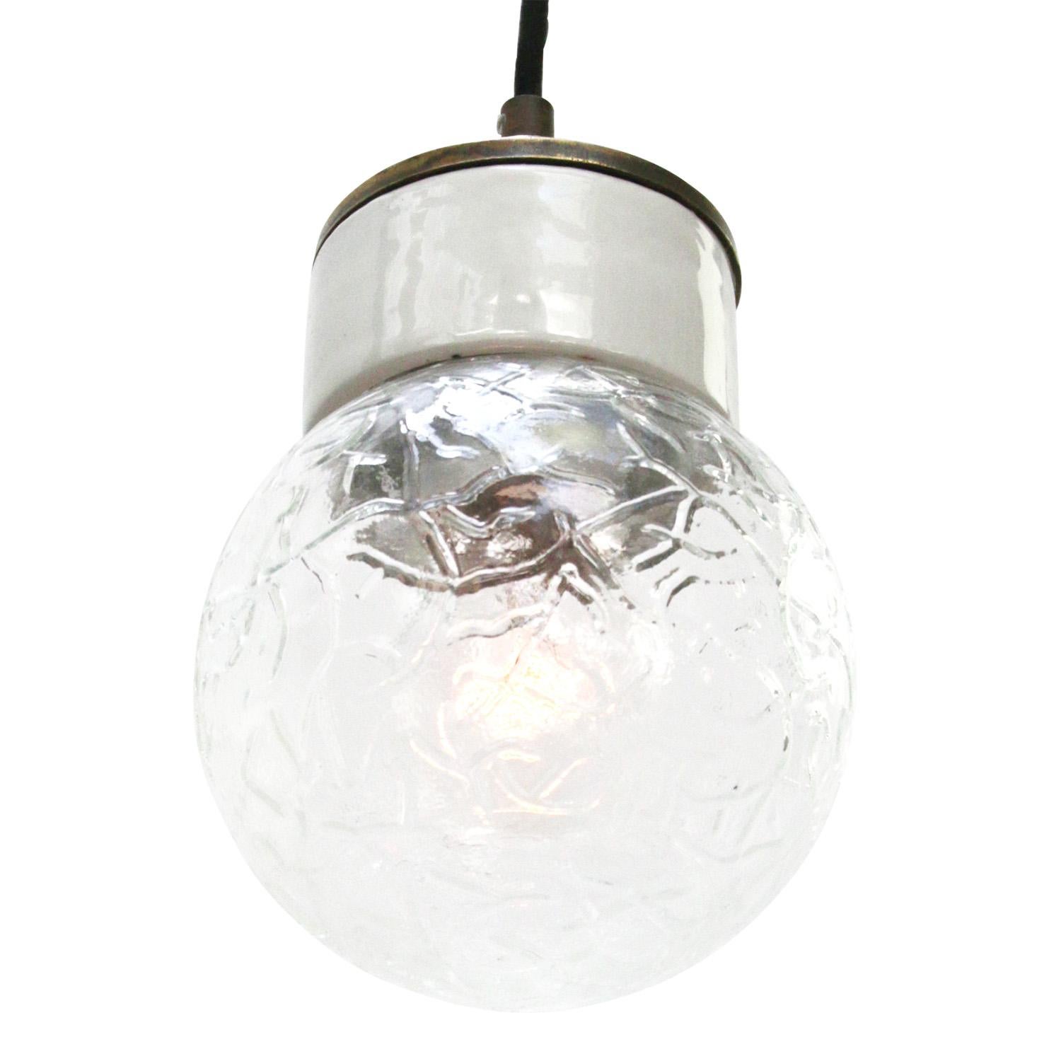 Porcelain industrial hanging lamp.
White porcelain, brass and clear texture glass.
2 conductors, no ground.

Weight: 1.20 kg / 2.6 lb

Priced per individual item. All lamps have been made suitable by international standards for incandescent