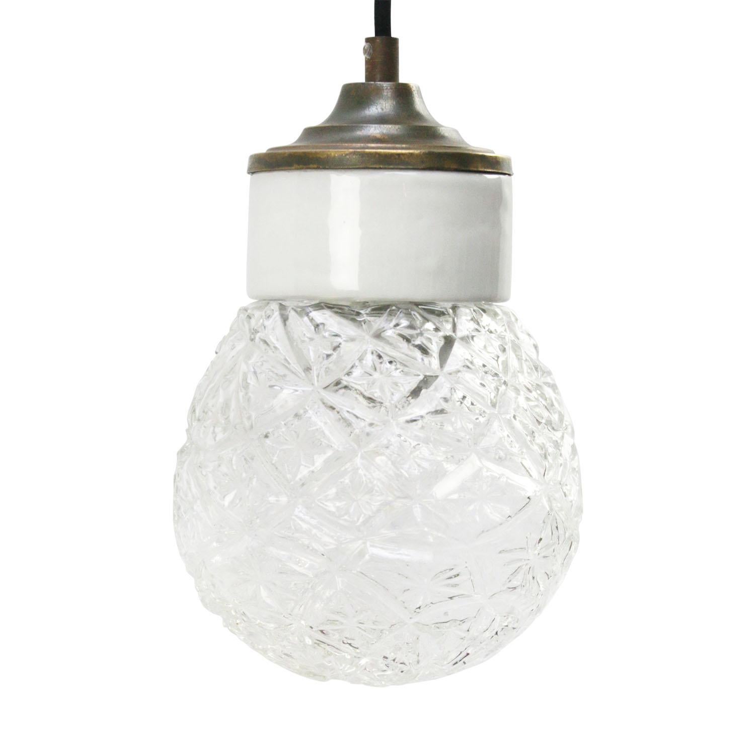 Porcelain industrial hanging lamp.
White porcelain, brass and clear texture glass.
2 conductors, no ground.

Weight: 1.20 kg / 2.6 lb

Priced per individual item. All lamps have been made suitable by international standards for incandescent light