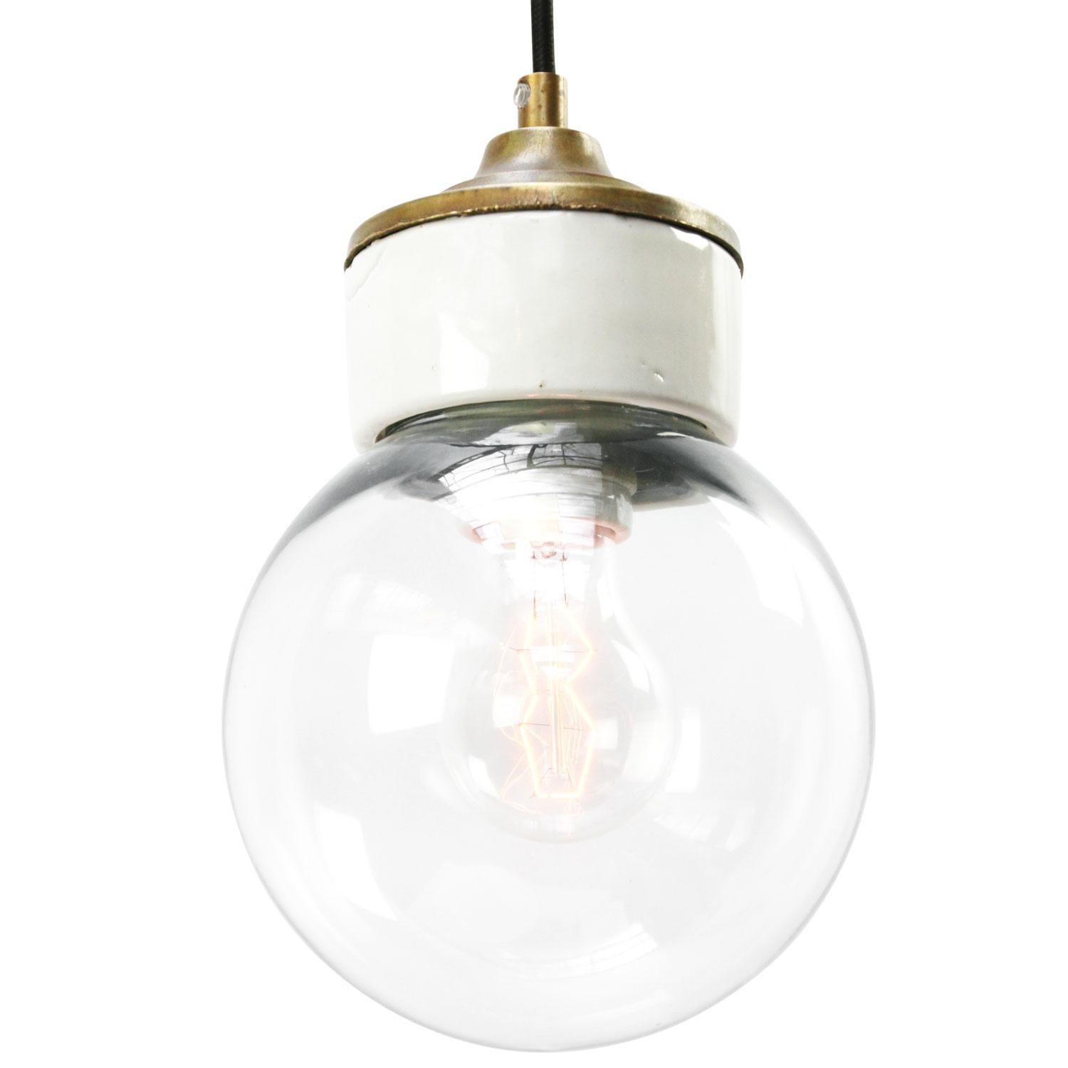 Dutch White Porcelain Clear Glass Vintage Industrial Brass Pendant Lights For Sale