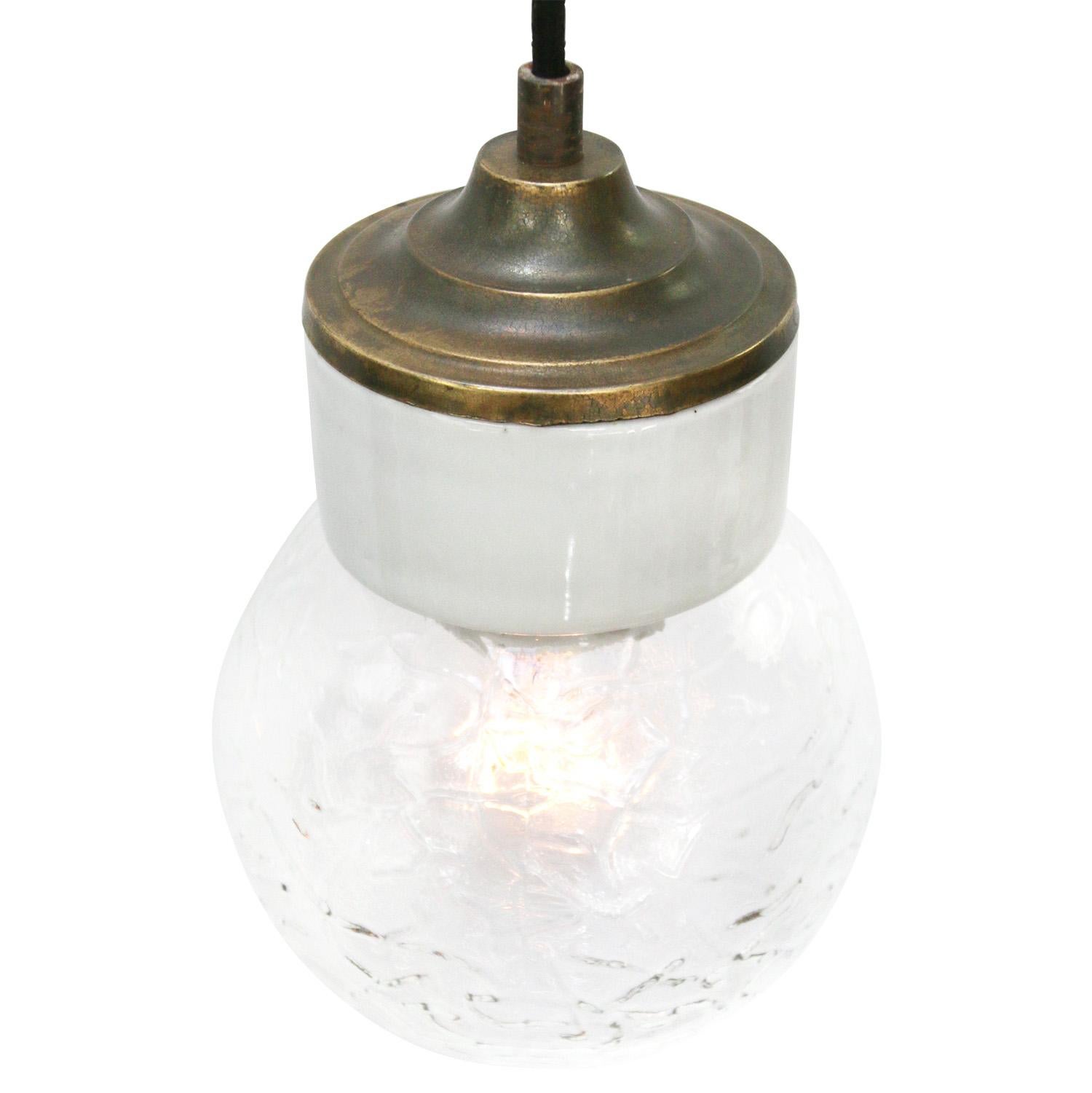 Dutch White Porcelain Clear Glass Vintage Industrial Brass Pendant Lights For Sale