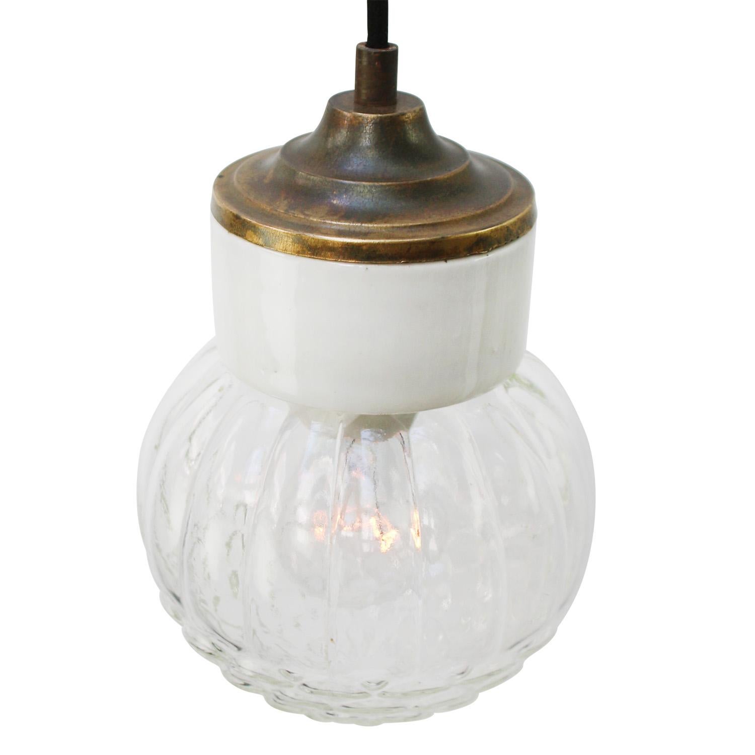 Dutch White Porcelain Clear Glass Vintage Industrial Brass Pendant Lights For Sale